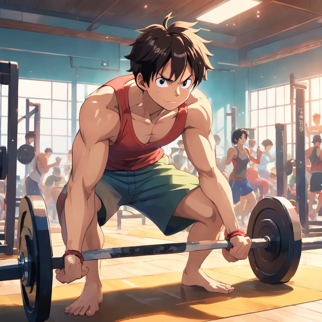 Monkey D. Luffy intensely working out in a weightlifting gym, Male, Straw Hat, focus on muscles, well-defined muscles, intense workout, sweat dripping, determined expression, dynamic poses, gym equipment, powerful punches and kicks, vibrant energy, intense training, muscular physique, strong determination, athletic build, heavy weights, energetic atmosphere, adrenaline rush, bright colors, explosive movements, inspiring workout scene, strong visual impact, physical strength, competitive spirit, hardcore training routine. (best quality, ultra-detailed, realistic:1.37), high-res, vivid colors, dynamic lighting.