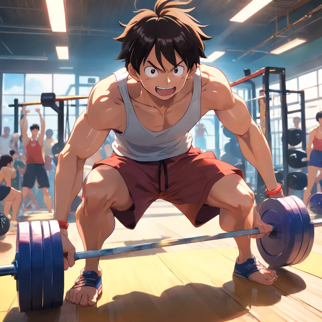 Monkey D. Luffy intensely working out in a weightlifting gym, Male, Straw Hat, focus on muscles, well-defined muscles, intense workout, sweat dripping, determined expression, dynamic poses, gym equipment, powerful punches and kicks, vibrant energy, intense training, muscular physique, strong determination, athletic build, heavy weights, energetic atmosphere, adrenaline rush, bright colors, explosive movements, inspiring workout scene, strong visual impact, physical strength, competitive spirit, hardcore training routine. (best quality, ultra-detailed, realistic:1.37), high-res, vivid colors, dynamic lighting.