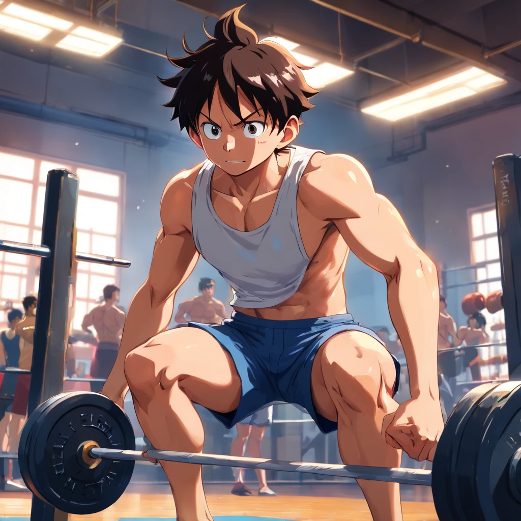 Monkey D. Luffy intensely working out in a weightlifting gym, Male, Straw Hat, focus on muscles, well-defined muscles, intense workout, sweat dripping, determined expression, dynamic poses, gym equipment, powerful punches and kicks, vibrant energy, intense training, muscular physique, strong determination, athletic build, heavy weights, energetic atmosphere, adrenaline rush, bright colors, explosive movements, inspiring workout scene, strong visual impact, physical strength, competitive spirit, hardcore training routine. (best quality, ultra-detailed, realistic:1.37), high-res, vivid colors, dynamic lighting.
