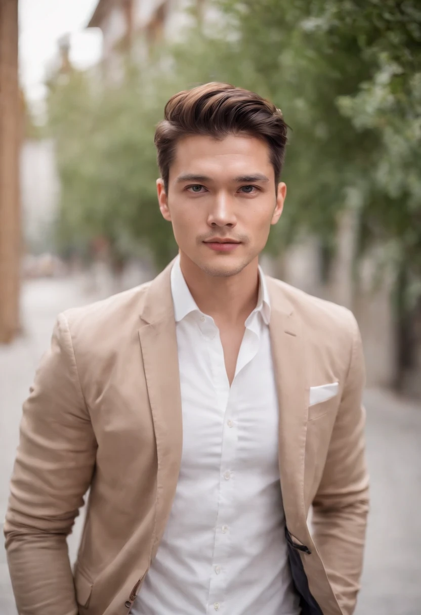 Portrait of handsome man 30 years old round face cinematic appearance、White shirt and jacket、Looking straight ahead at the camera、Genial look、Gentle eyes、Brown jacket