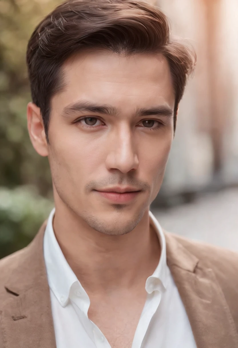 Portrait of handsome man 30 years old round face cinematic appearance、White shirt and jacket、Looking straight ahead at the camera、Genial look、Gentle eyes、Brown jacket