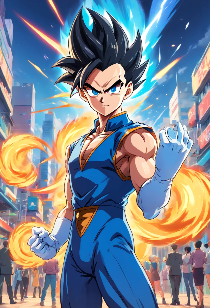 (best quality,Altas),(Realistic:1.37),Vegeta vestindo um terno,Vegeta wearing sunglasses,Vegeta em Dragon Ball Universe,Vegeta em traje formal,Vegeta in a ballroom,Vegeta participando de uma festa,vestindo um terno preto,carrying a serious expression,confident body language,sharp facial features,cabelo detalhado,Aura azul ao redor de Vegeta,Fanart de Dragon Ball,estilo anime,cena de festa,glamorous lighting,lustres dourados,colorful decorations,detalhes finos sobre o terno,sharp textures,Attention to shading and highlights,vivid colors,Energetic and Dynamic Pose,olhos expressivos,fundo estilizado,Dynamism in composition