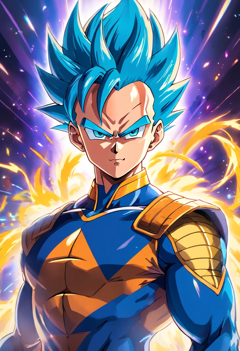 (best quality,Altas),(Realistic:1.37),Vegeta vestindo um terno,Vegeta wearing sunglasses,Vegeta em Dragon Ball Universe,Vegeta em traje formal,Vegeta in a ballroom,Vegeta participando de uma festa,vestindo um terno preto,carrying a serious expression,confident body language,sharp facial features,cabelo detalhado,Aura azul ao redor de Vegeta,Fanart de Dragon Ball,estilo anime,cena de festa,glamorous lighting,lustres dourados,colorful decorations,detalhes finos sobre o terno,sharp textures,Attention to shading and highlights,vivid colors,Energetic and Dynamic Pose,olhos expressivos,fundo estilizado,Dynamism in composition