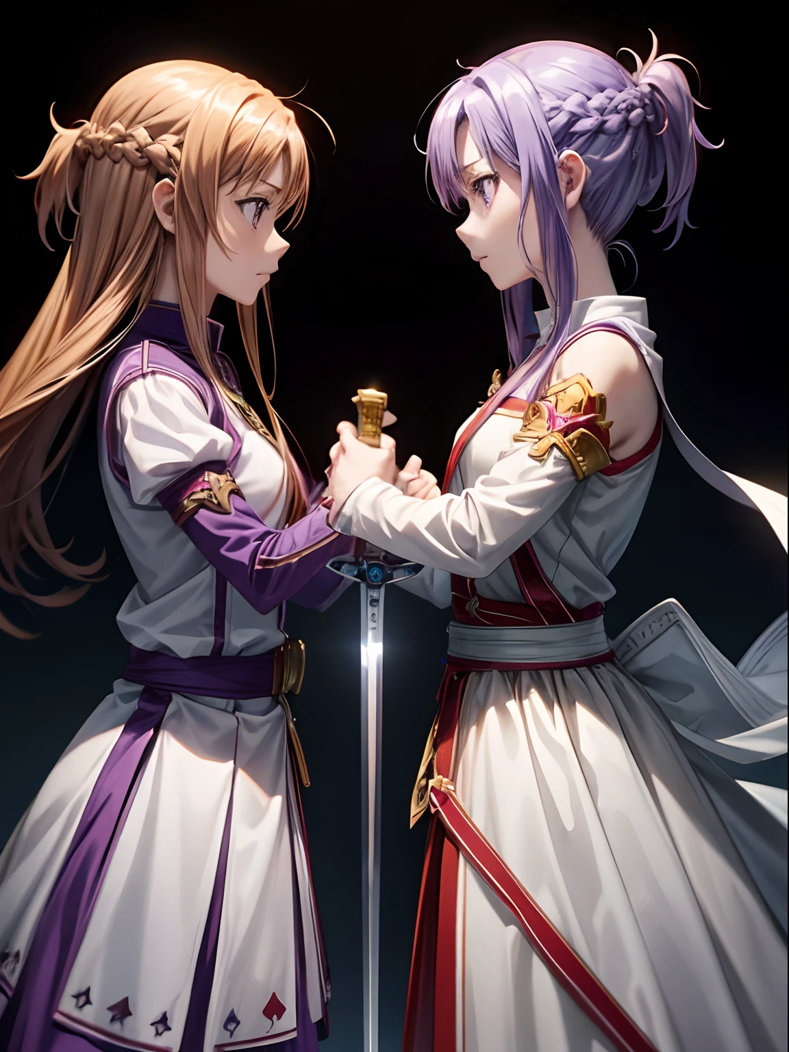 Two anime characters fighting with swords,best pictures,Yuuki Asuna , super precision, The sword、[3D images:1.35]、[[In high-quality anime、Cute Asuna with brown hair and brown eyes:1.15]]、Facing、(\Alice fell into the darkness with purple hair and purple eyes\),[[Attractive eyes,A detailed eye、radiant eyes, Colorful eyes:1.15]、fight pose, heroically battle posing, anime fight, Styling images, Complex sword fighting poses, facing off in a duel, duel, Sword fighting,[[Alice confronts Asuna with her sword:1.20]],　Two whole、zoom out angle、Kawaii Girl