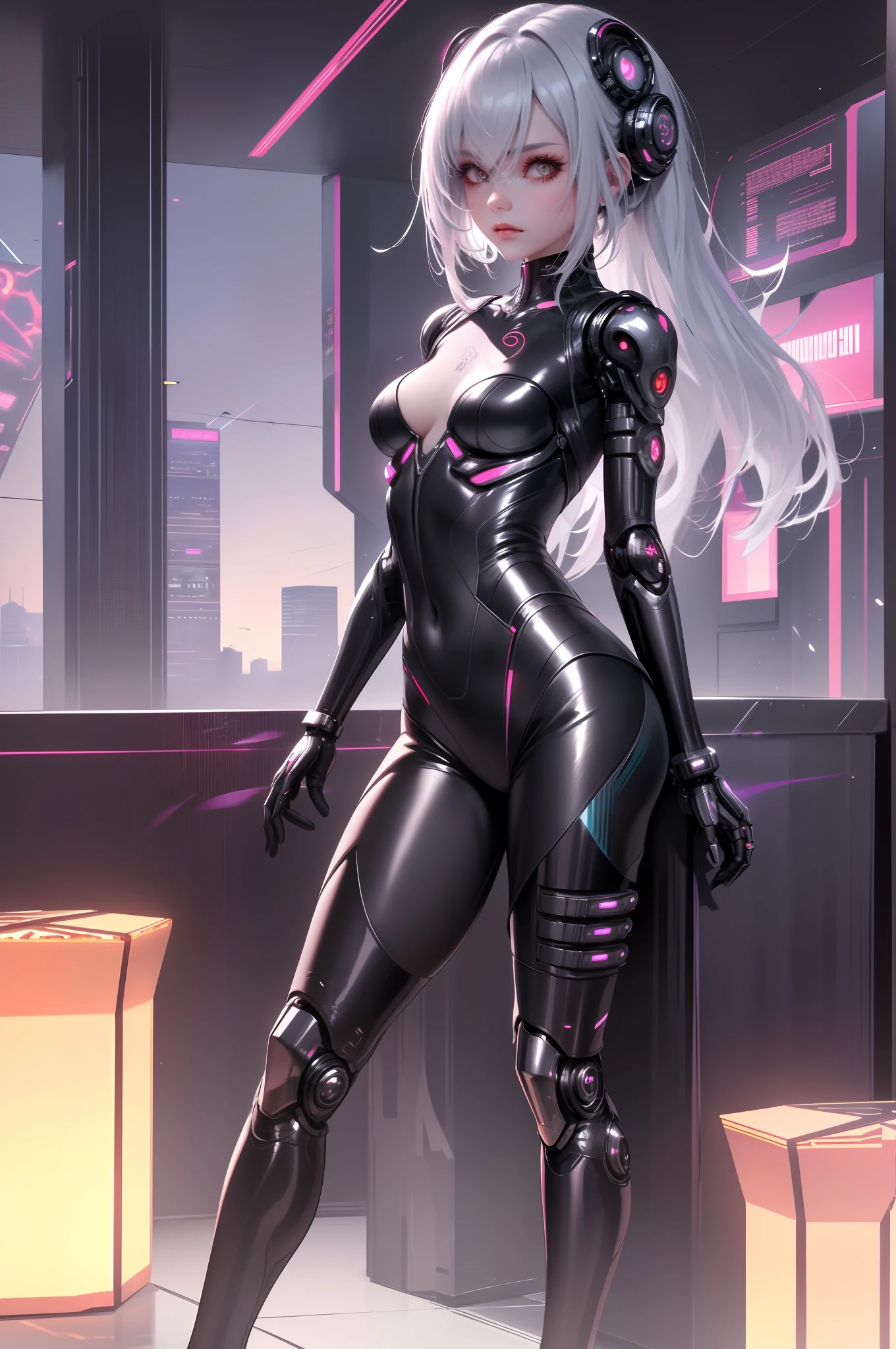 Close-up of a woman dressed in black posing in a room, android heroine, perfect android girl, an oppai cyberpunk, cybersuit, cyberpunk anime girl, female cyberpunk anime girl, cyberpunk anime girl mech, cyber suit, cyber suit, anime cyberpunk art, Extremely detailed Artgerm, Cute cyborg girl, cyborg merchant girl, IG model | Art germ