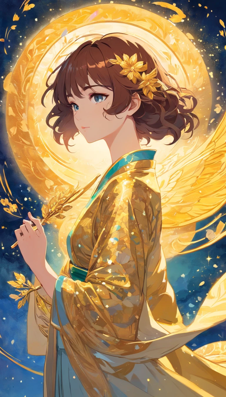 The mixed styles of Daniel Gabriel Rossetti and Erte. Palette knife impasto and watercolor with liquid golden ink, rich textures on clothing and background. Vibrant cinematic raking light, stunning, subsurface scattering, chromatic aberration