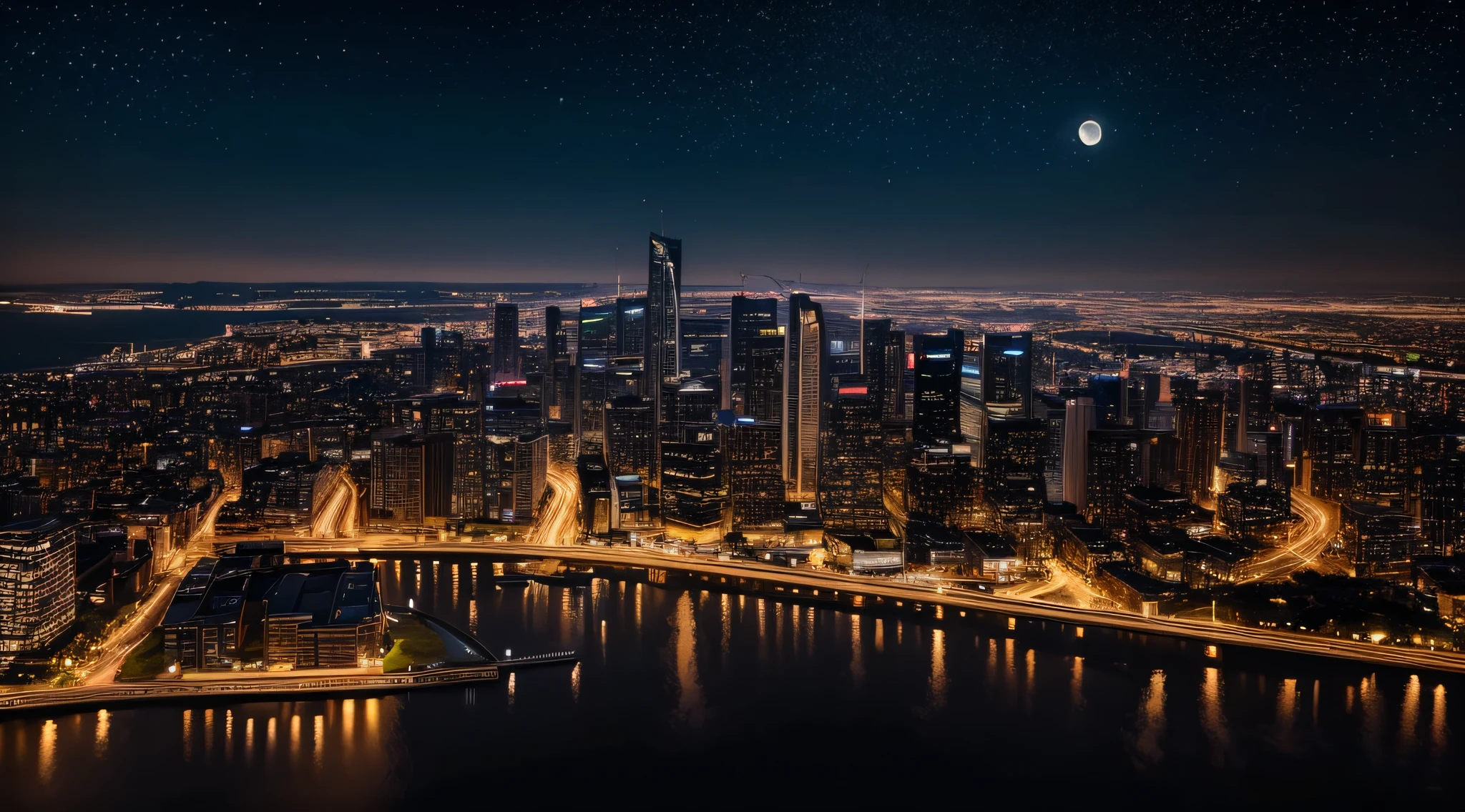 A photo showcasing the night view of a city by the river. The city lights illuminate the surface of the river, creating a captivating scene. The lights from the towering buildings shimmer in the darkness, outlining the silhouette of the city. The river is calm and serene, reflecting the lights and shadows of the city like a mirror. The sky is adorned with stars and the moon, adding a touch of romance to the night scene. This photo captures the unique charm of a city night view by the river, showcasing the contrast between the vibrant cityscape and the tranquility of the surroundings.
