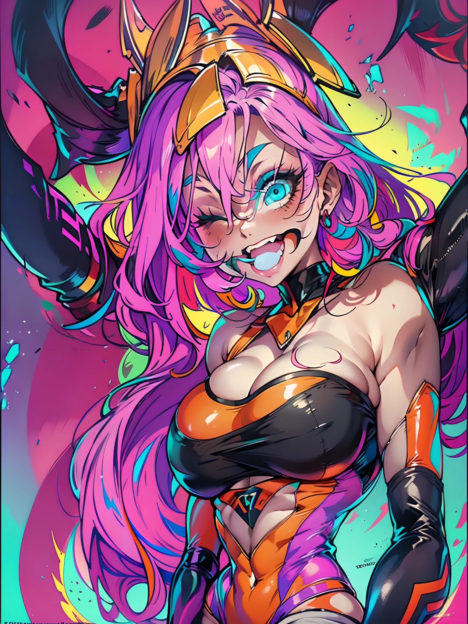 (Boobs), bouncy boobs, (cleavage viewing :1.2), Masterpiece, curvy, (masterpiece:1.2), best quality, high resolution, unity 8k wallpaper, gigantic boobs, erected tits, cameltoe juicy,(best quality), (Acid core, 1girl, (colored latex skin)++, neon gradient, thick eyelashes, close-up, (crazy eyes)++, crazy smile, multicolored hair, open mouth, one eye closed