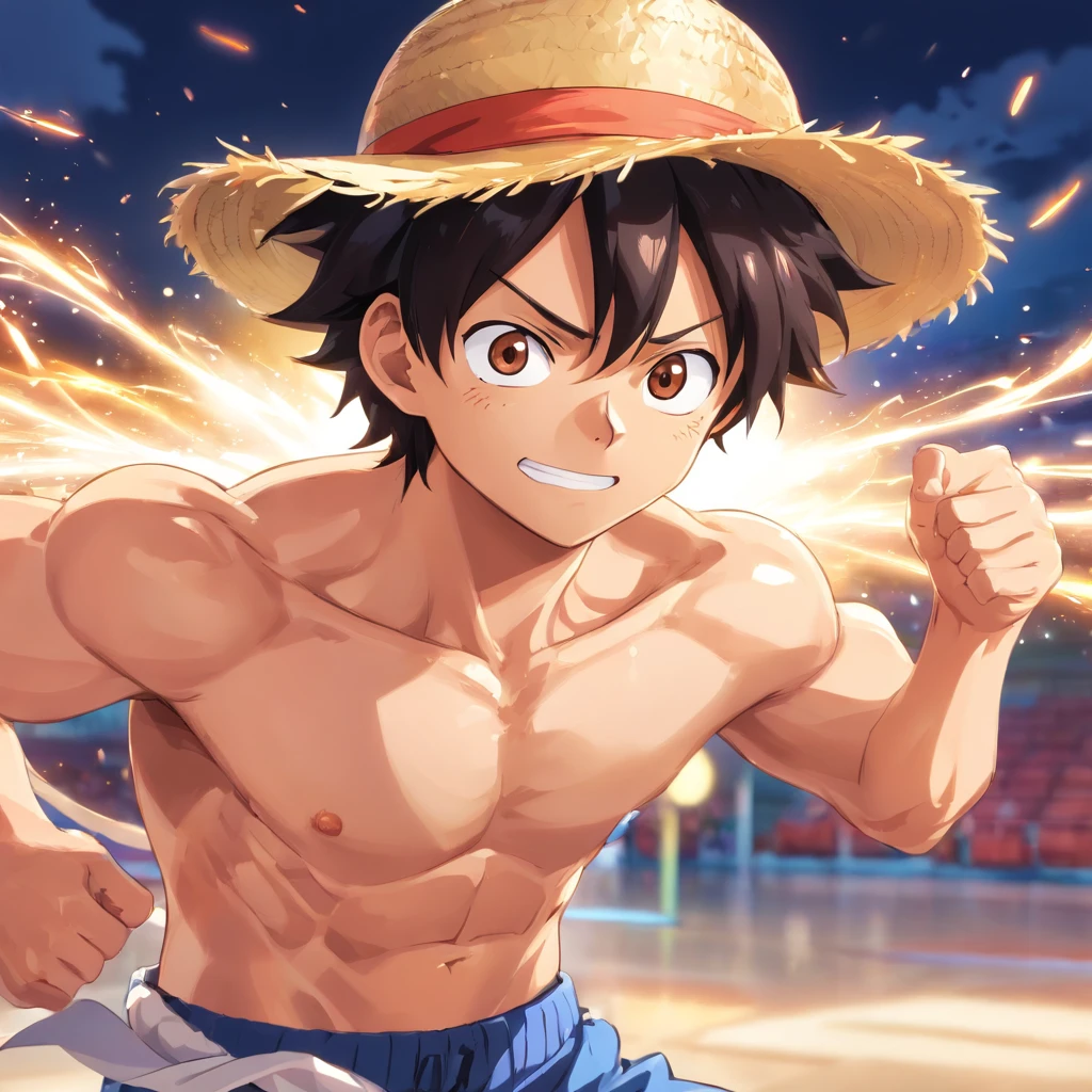 Macaco D. Luffy malhando intensamente em uma academia de levantamento de peso, macho, straw hat, focus in muscles, well-defined muscles, treino intenso, suor pingando, Determined expression, dinamic poses, gym equipment