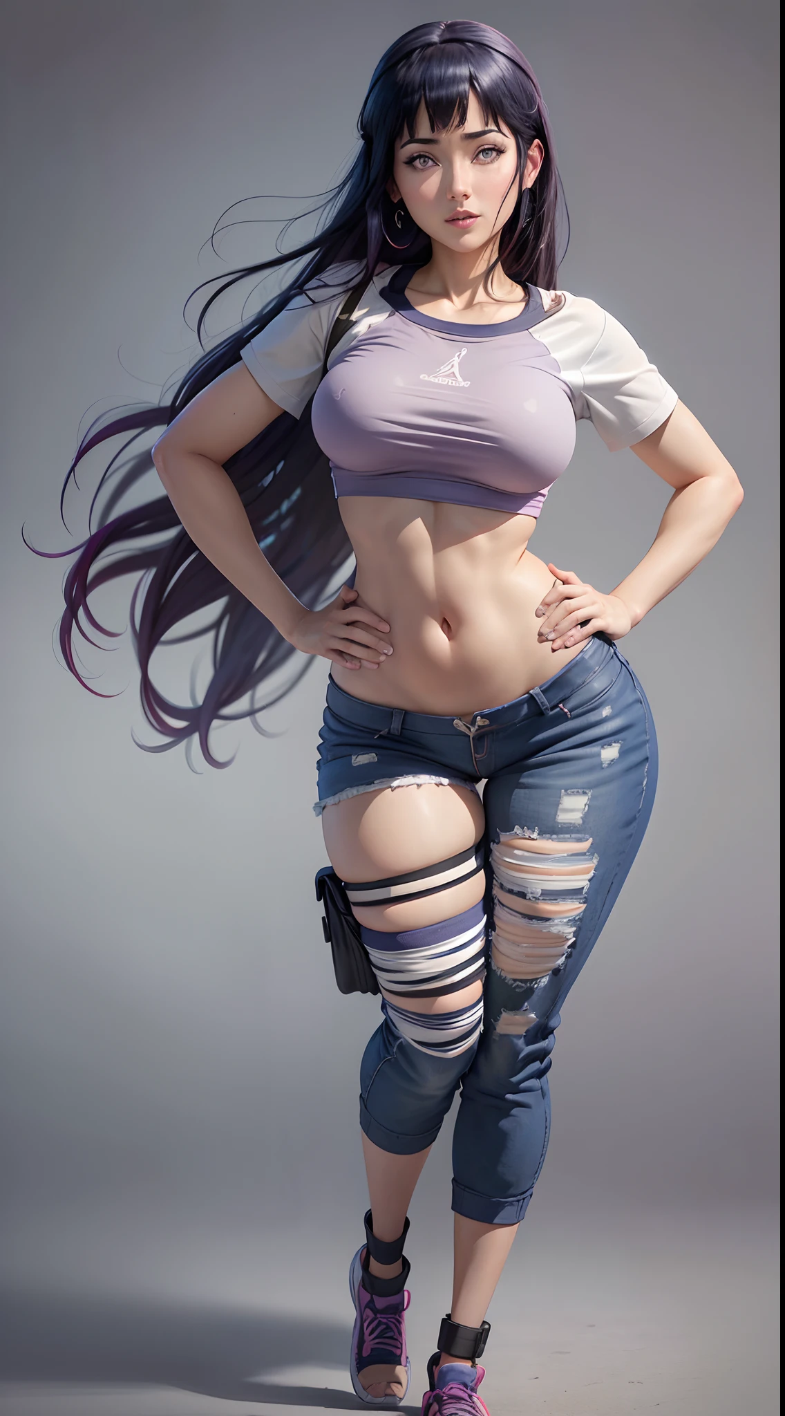 Hinata Hyuga, extremamente sexy, bunda grande, pernas grossas, camiseta da Barbie, mostrando Umbigo, mostrando parte da bunda, Air Jordan Sneakers, corpo inteiro, Chameleon color background, 8k