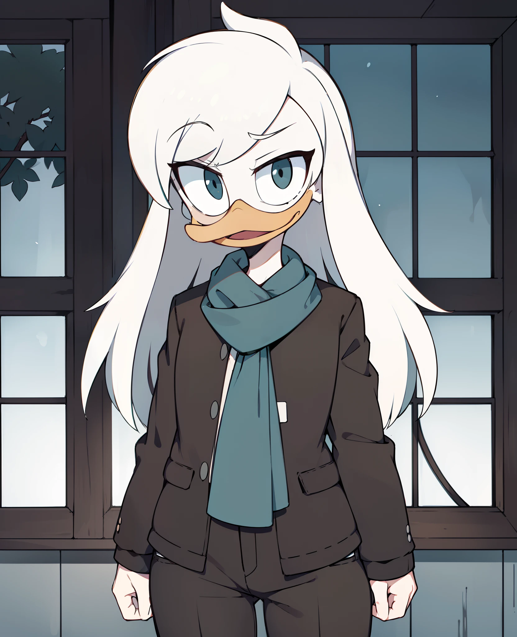 (by ducktales)  (by kyurisawa:1.2) (by chelodoy:1) (by ashraely:1) (anthro duck) (white hands:1.1) (headshot portrait:1.1) (della duck:1.2) (beak) (white hair) (black eyes) (happy) (clothed, clothing:1.3) (teal scarf) (brown_flight_jacket) (collar) (white skin:1.2) (solo:1.1) (mansion, window) ( morning:1.3)