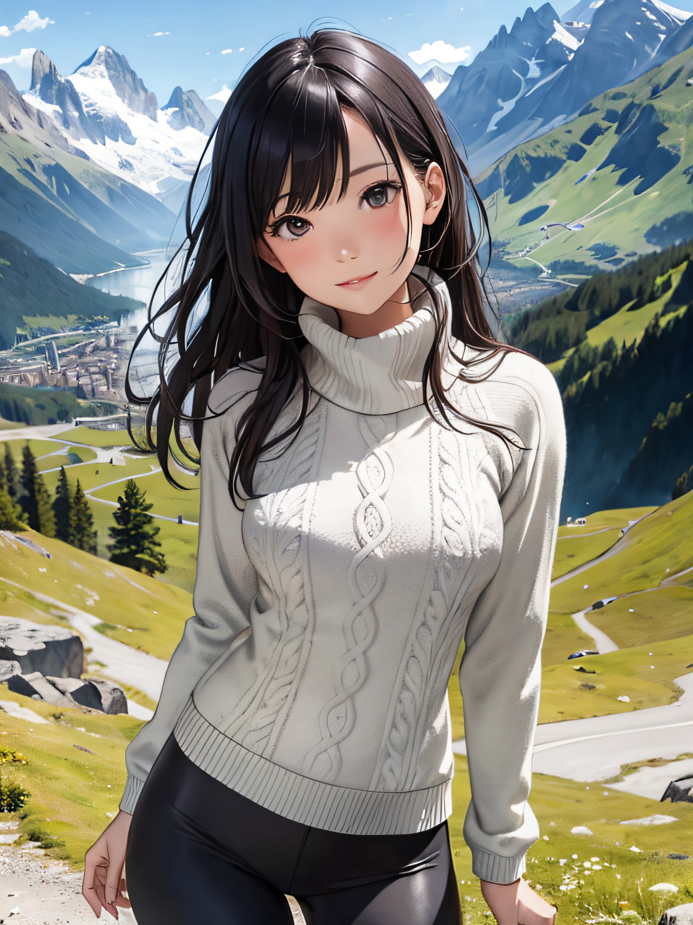 a girl in the alps with mountain clothes, sweater, leggings, medium breasts, flirtatious look, very well detailed, academy landscape, long black hair, photorealistic image.