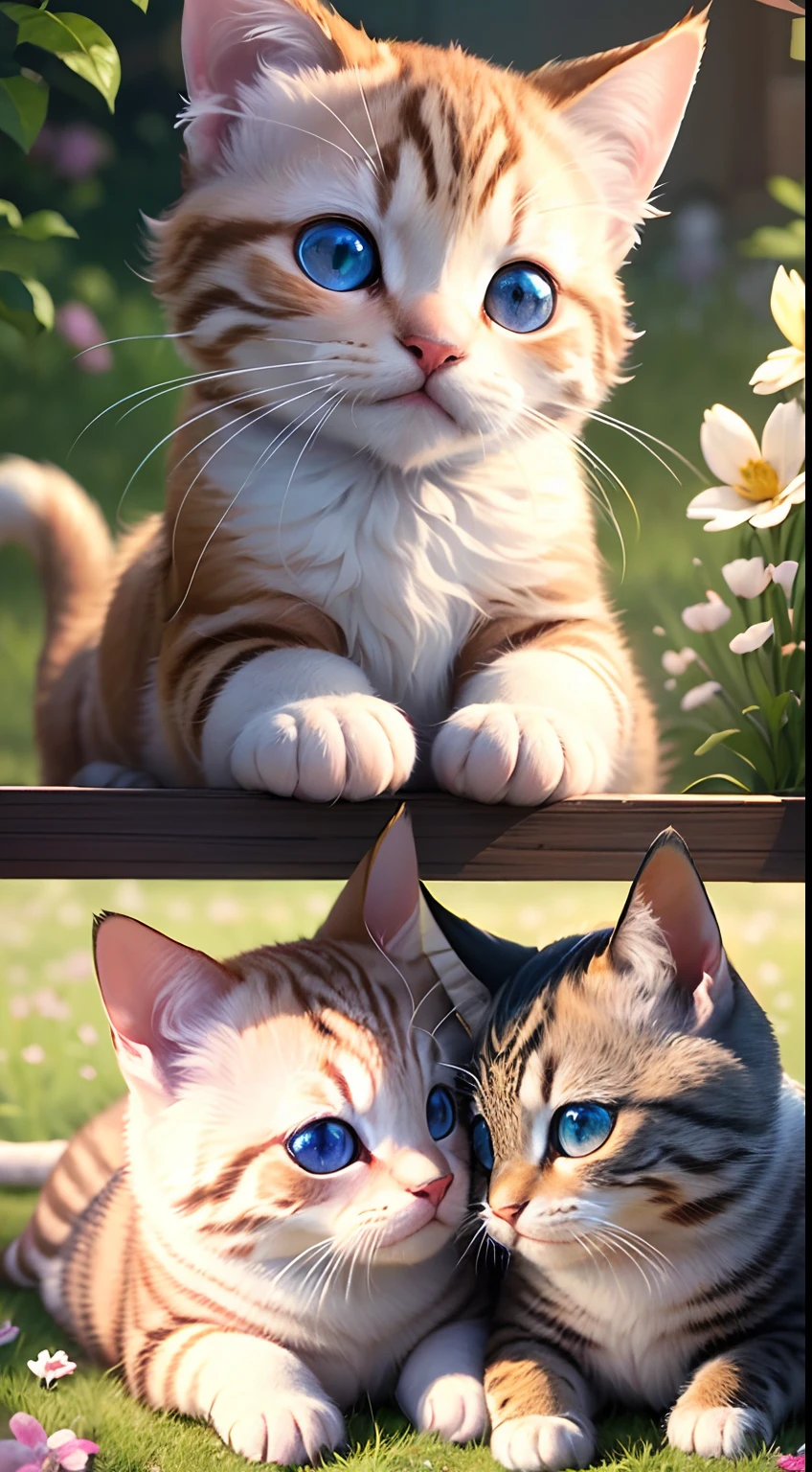 (best quality,4k,8k,highres,masterpiece:1.2),ultra-detailed,(realistic,photorealistic,photo-realistic:1.37),illustration,oil painting,soft colors,soft lighting,cute,fluffy cat,playful kittens,beautiful blue eyes,pink nose,tiny paws,fur texture,happy expressions,green grass,colourful flowers,clear blue sky,enchanting garden,peaceful atmosphere,endearing poses,whiskers,curious gaze,magical ambiance,toy mice,collars with bells,shimmering sunlight,joyful playfulness,adorable antics,synchronized movements,loving interaction,cheerful mood,innocence and charm,tranquil setting,pure delight,mesmerizing beauty
