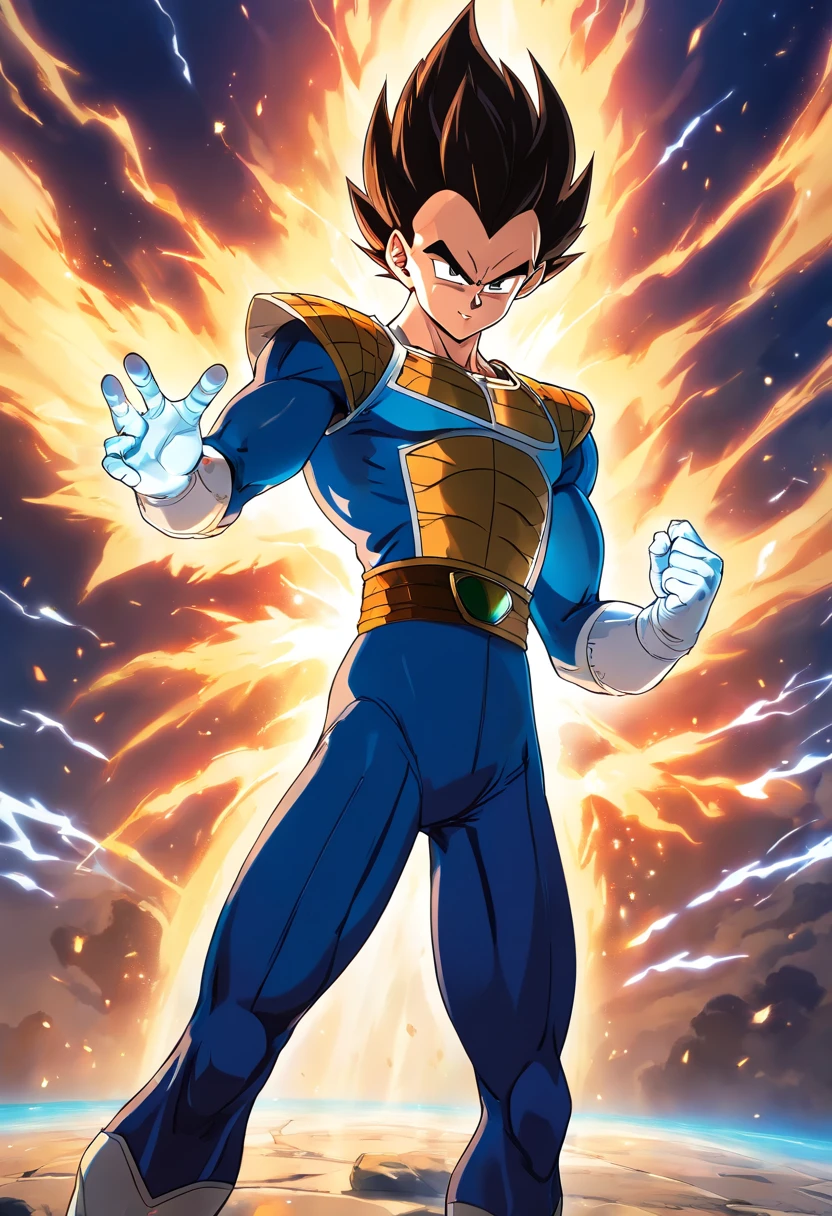 1guy, masterpiece, best quality, absurdres, wallpaper, detailed face, detailed eyes, Vegeta, battle damage, fighing stance, full body, Sayian armor,massive bulge