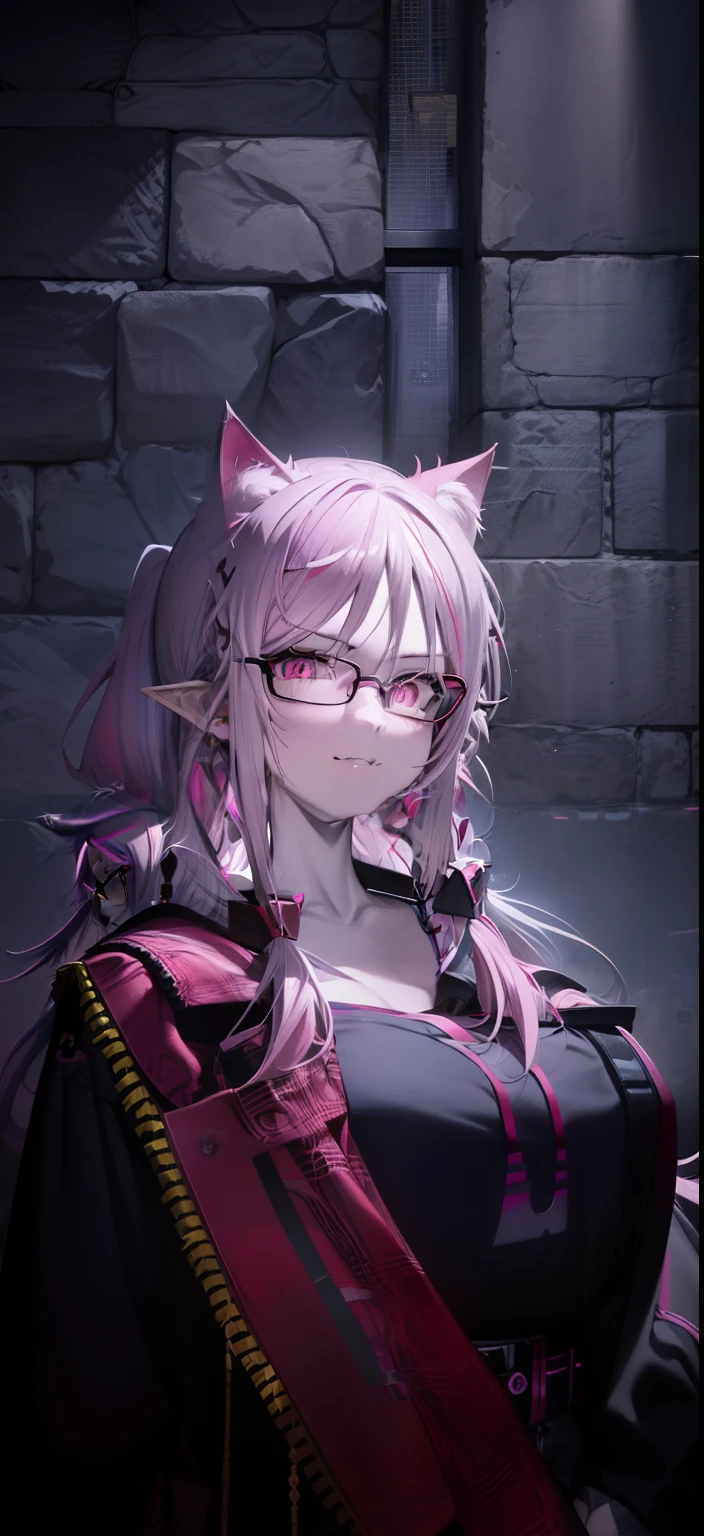 there is a woman with pink hair and glasses posing for a picture, attractive cat girl, pink twintail hair and cyan eyes, girl with cat ears, beautiful young catgirl, cat ears, woman with cat ears, cat girl, cat - like scarlet eyes, metal cat ears and glowing eyes, catgirl, with pink hair, nekomimi