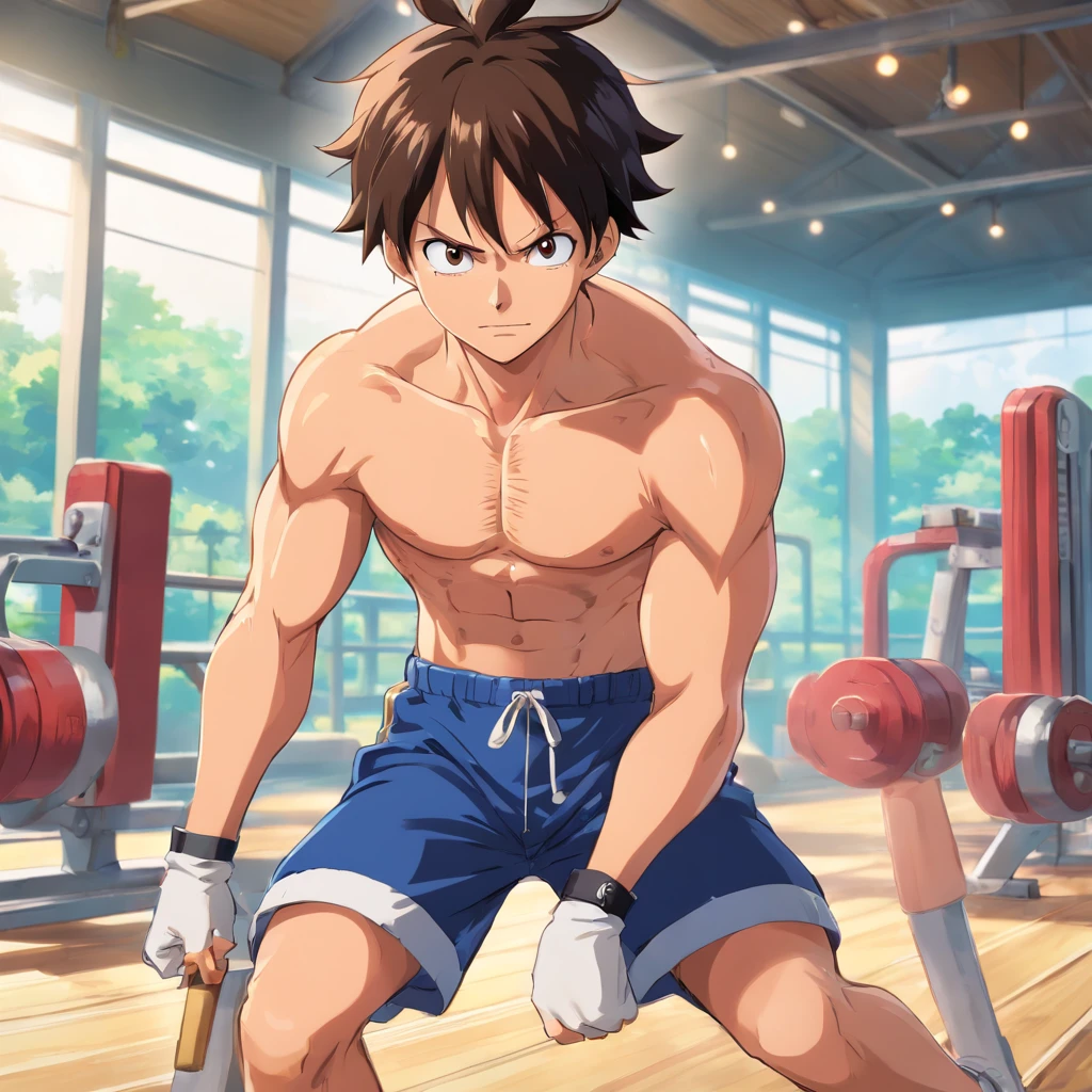 masterpiece, best quality, high quality,  1boy,10yo, ???, male focus, full body, looking at viewer, brown hair,spiky hairstyle, short hair, steam smork, japan style,  anime coloring, shy, home muji style, detailed face, topless, white towel on waist, pose boxing fighter