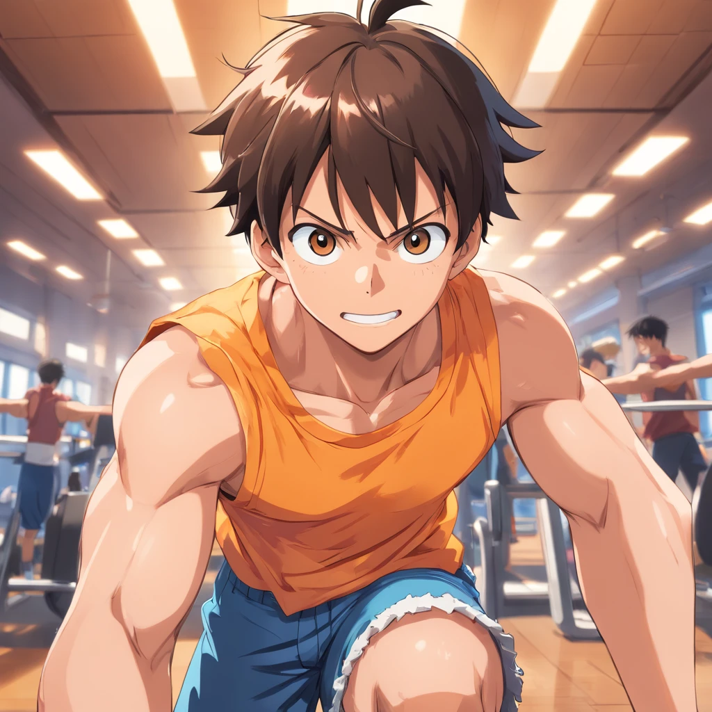 Macaco D. Luffy malhando intensamente em uma academia de levantamento de peso, macho, straw hat, focus in muscles, well-defined muscles, treino intenso, suor pingando, Determined expression, dinamic poses, gym equipment