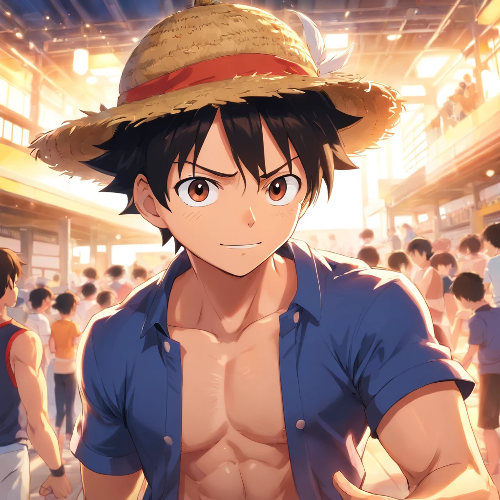 Macaco D. Luffy malhando intensamente em uma academia de levantamento de peso, macho, straw hat, focus in muscles, well-defined muscles, treino intenso, suor pingando, Determined expression, dinamic poses, gym equipment