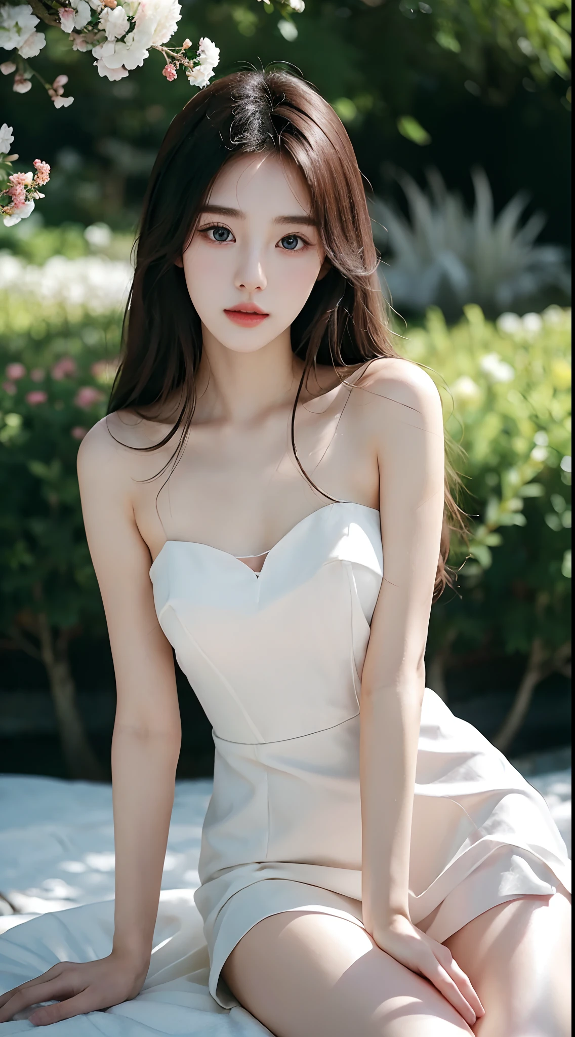 A beautiful woman in Japanese and Korean style,She was only 18 years old,pure and cute,Heartwarming。The picture should have a sense of realism in 16K HD,The quality of the photography should feel real。Her eyes are very charming,Double eyelids and long eyelashes add to her charm。Her lips are sexy,The slender and thin body is very attractive。Her skin is snow-white,The hand details are also very realistic。She is in a beautiful garden,Surrounded by flowers and greenery,It's like being in a fairyland。Create her ethereal beauty,Unforgettable。