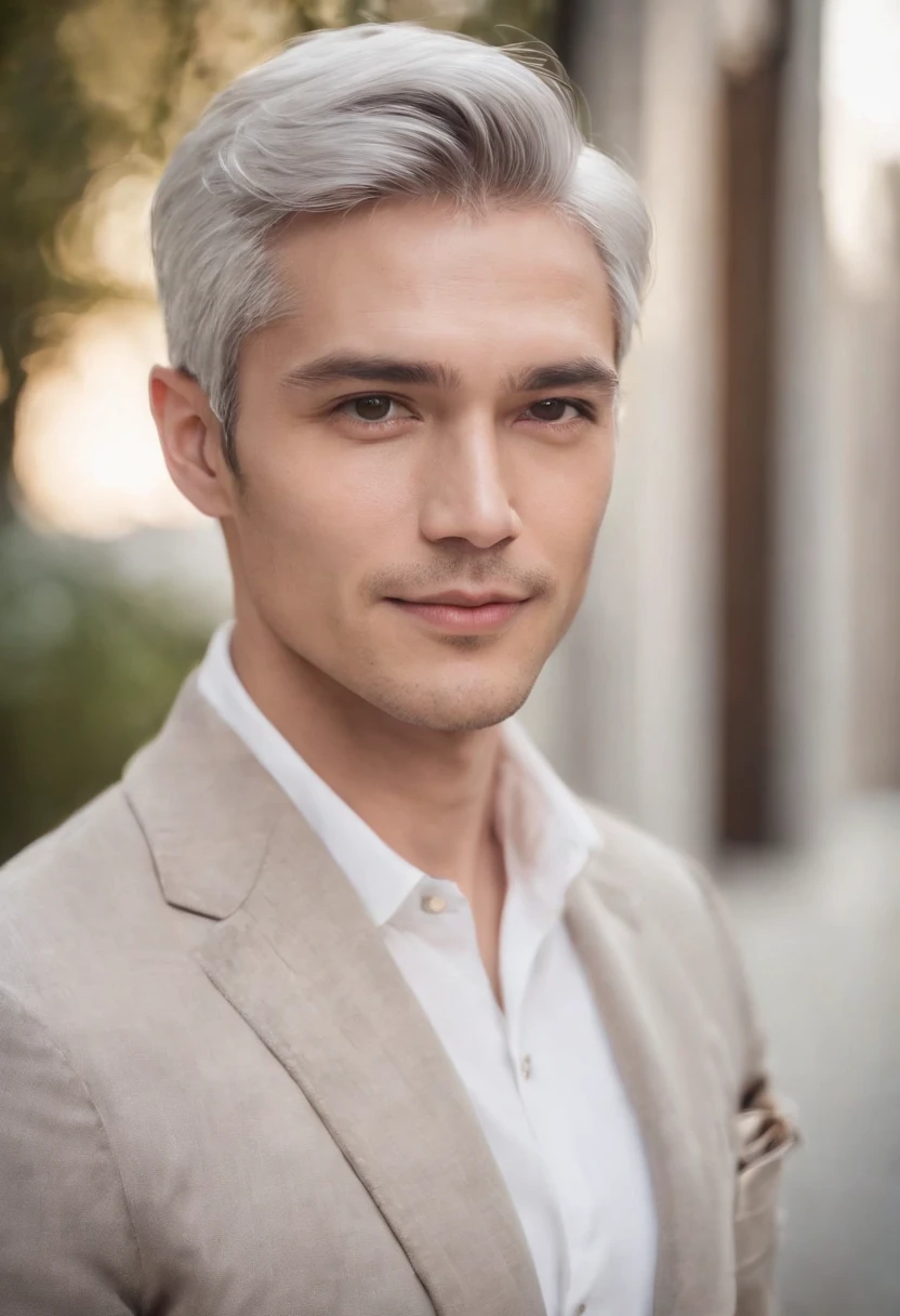 Portrait of handsome man 30 years old round face cinematic appearance、Silver hair、Brown jacket、White button-down shirt、kindly smile、Photography, Male perfection,  Black eyes, Hyper realistic, 8K - V 4、50-year-old dandy gentleman、Gentle eyes、Gray hair、Looking straight ahead at the camera、Genial look