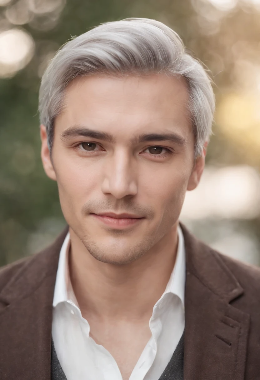 Portrait of handsome man 30 years old round face cinematic appearance、Silver hair、Brown jacket、White button-down shirt、kindly smile、Photography, Male perfection,  Black eyes, Hyper realistic, 8K - V 4、50-year-old dandy gentleman、Gentle eyes、Gray hair、Looking straight ahead at the camera、Genial look