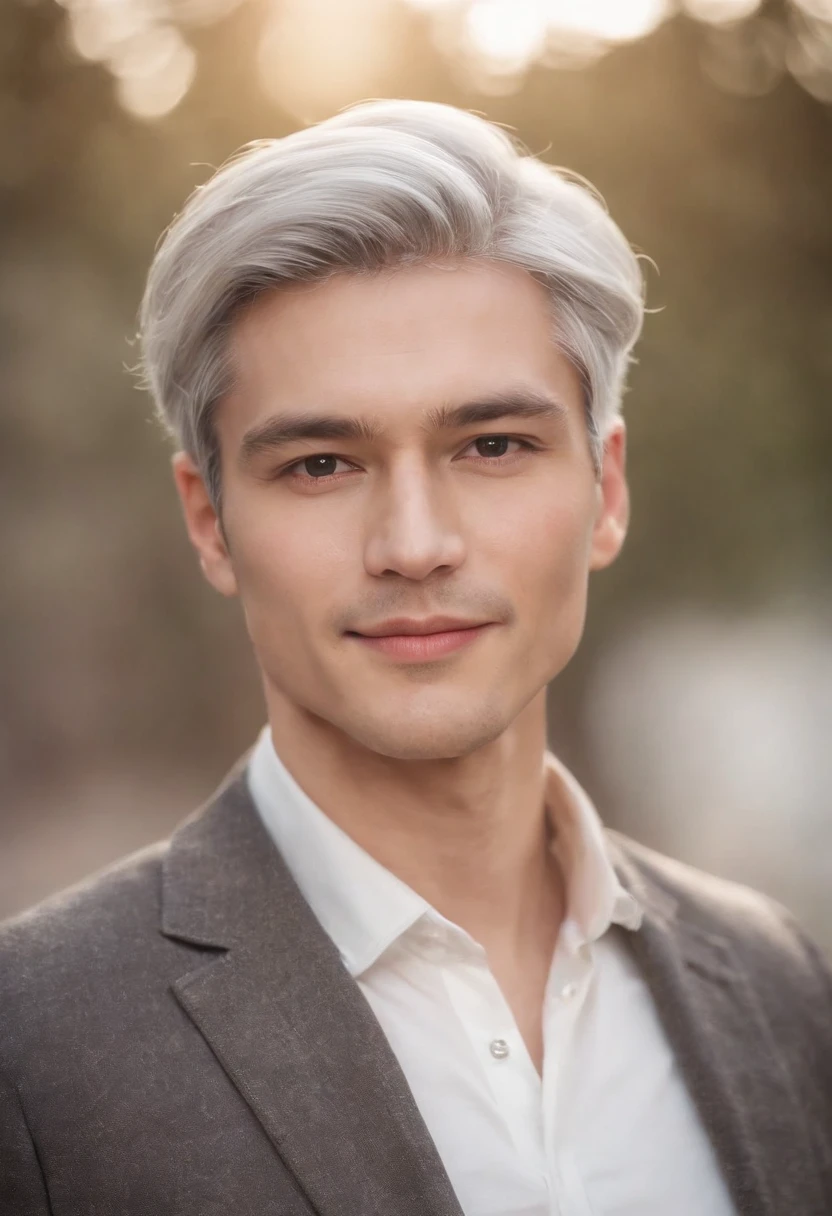 Portrait of handsome man 30 years old round face cinematic appearance、Silver hair、Brown jacket、White button-down shirt、kindly smile、Photography, Male perfection,  Black eyes, Hyper realistic, 8K - V 4、50-year-old dandy gentleman、Gentle eyes、Gray hair、Looking straight ahead at the camera、Genial look