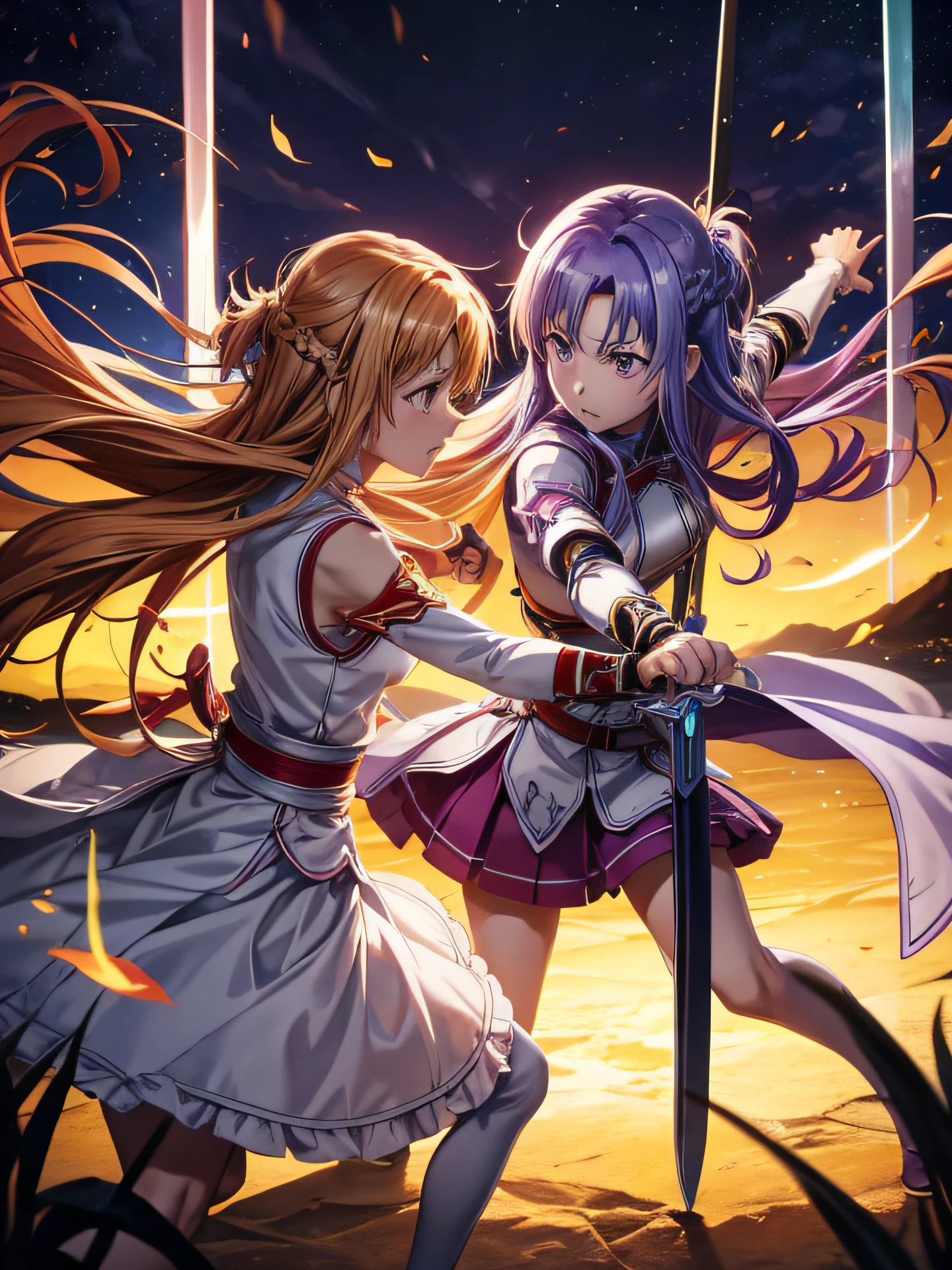 Two anime characters fighting with swords,alice、best pictures,Yuuki Asuna , super precision, The sword、[[Alice confronts Asuna with her sword:1.20]]、[3D images:1.35]、[[In high-quality anime、Cute Asuna with brown hair and brown eyes:1.15]]、Facing、(\Alice fell into the darkness with purple hair and purple eyes\),[[Attractive eyes,A detailed eye、radiant eyes, Colorful eyes:1.15]、fight pose, heroically battle posing, anime fight, Styling images, Complex sword fighting poses, facing off in a duel, duel, Sword fighting,,　Two whole、zoom out angle、Kawaii Girl