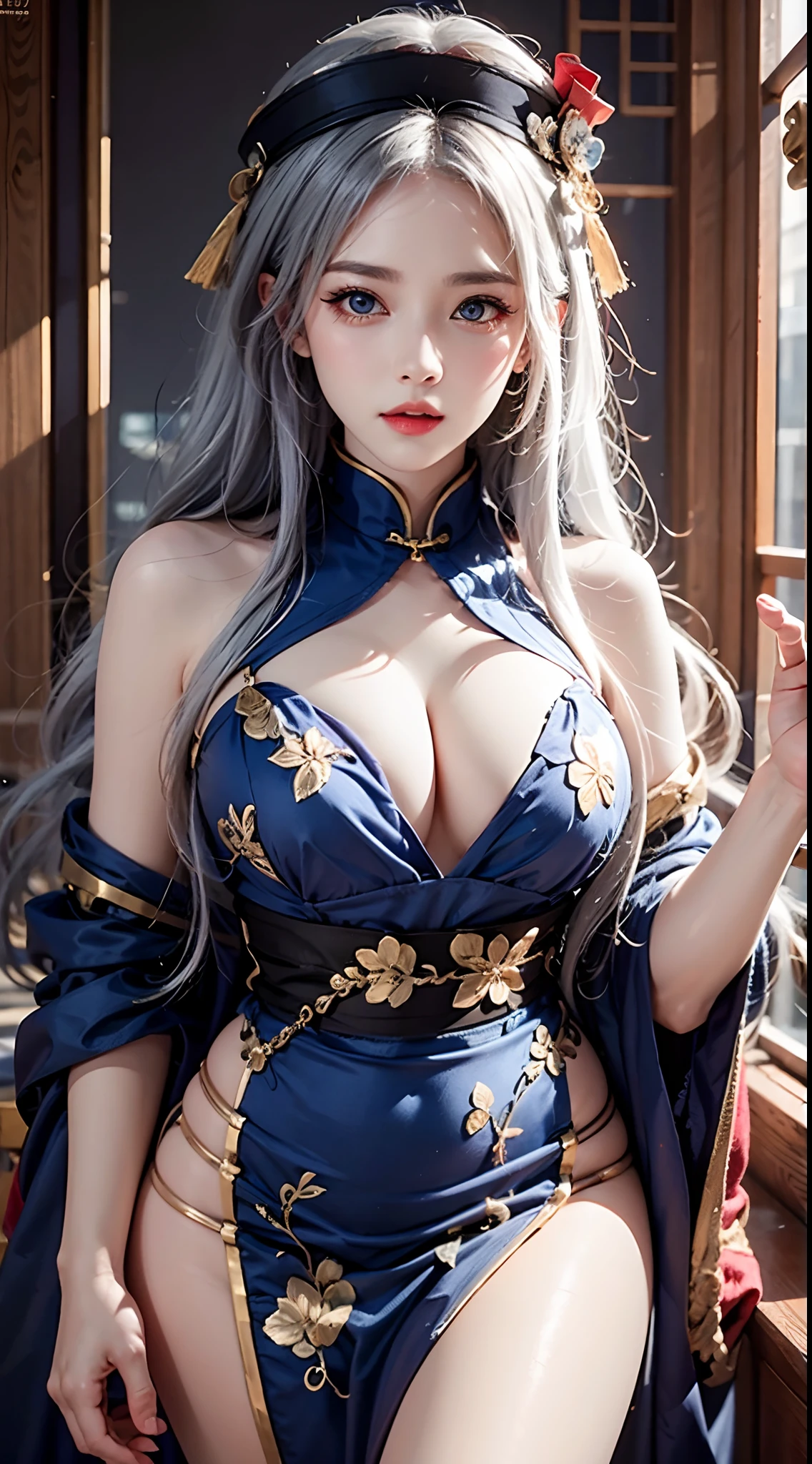 photorealistic, masterpiece, high resolution, soft light, mature female, silver hair, blue eyes, hips up, jewelry, jiangshi, qing_guanmao, breast curtains, ofuda, china dress