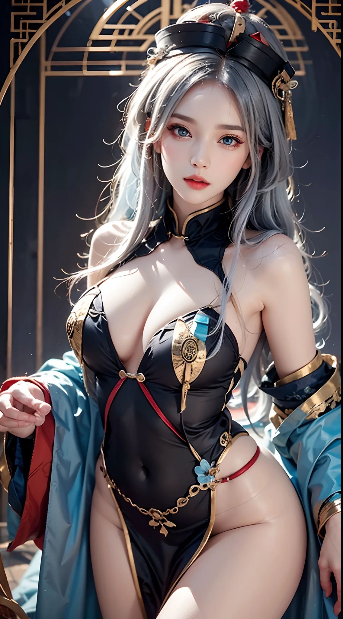 photorealistic, masterpiece, high resolution, soft light, mature female, silver hair, blue eyes, hips up, jewelry, jiangshi, qing_guanmao, breast curtains, ofuda, china dress