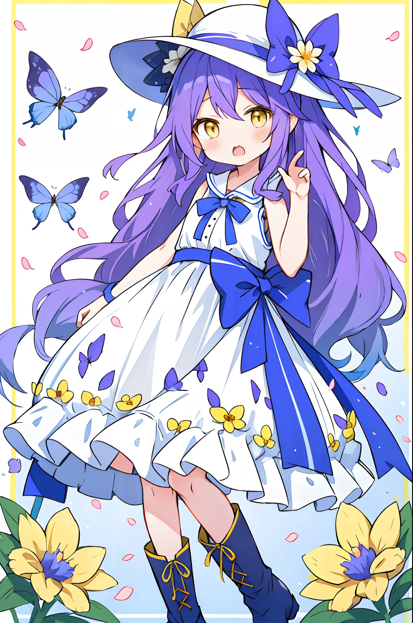 1人、blue ribbons、鎖骨、florals、Hats、Windy, That's why I'm wearing a hat、Yawning face、Longer dress、length hair、purple color hair、bow ribbon、Sleeveless、a straw fedora hat、Eye Up、yellow eyes、yellow flower、There is a flower in the foreground、Petals are fluttering、butterflys々is flying、kawaii pose、I'm wearing cute boots