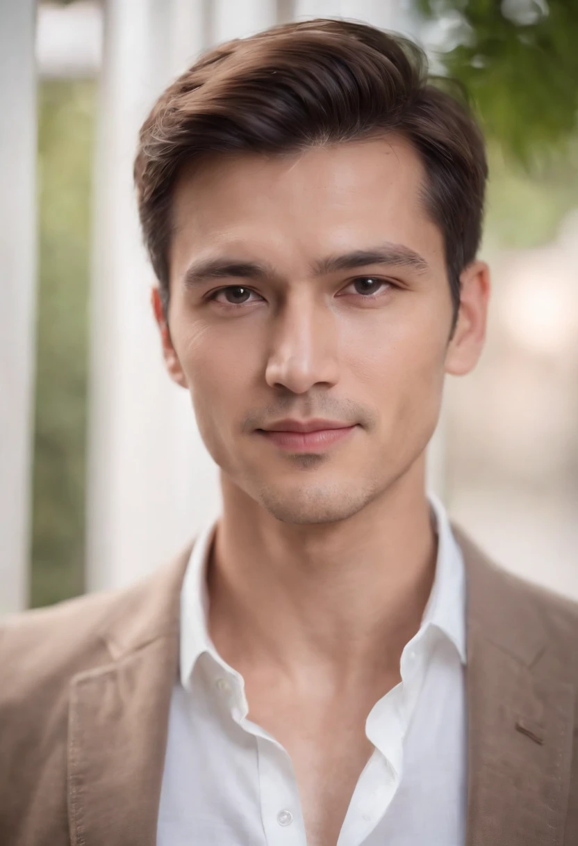 Portrait of handsome man 30 years old round face cinematic appearance、White shirt and jacket、Looking straight ahead at the camera、Gentle expression、Gentle eyes、Brown jacket、Smiling