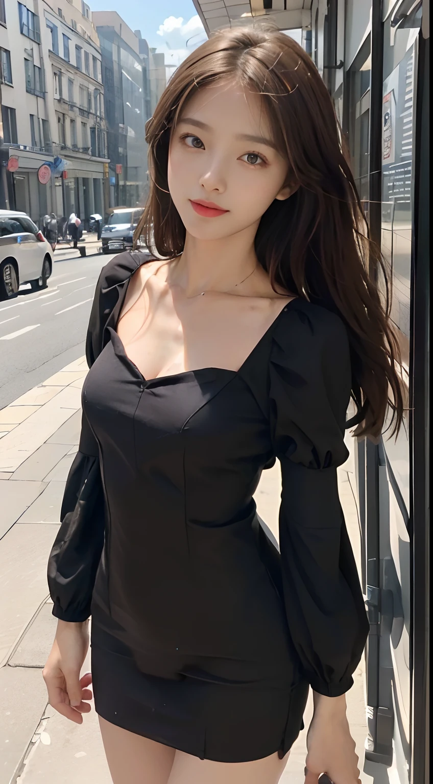24-year-old Caucasian woman、Hair color is reddish、Hair is wavy、Eye color is blue、long hair、Hair is tied back、slender、smile、slenderだが均整の取れた細マッチョ、I'm wearing pin heels、smile、accessories on the wrist、She is wearing a high-necked knit dress that shows her breasts.、My heart feels like it's about to fall、The background is blurry、I'm in the middle of London