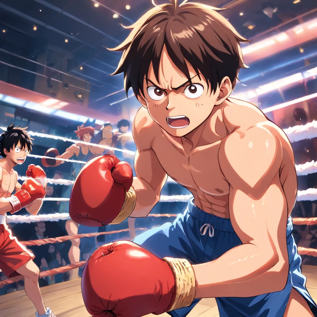 Monkey D. Luffy fighting Boxing, gym, Male, serious expression, One Piece.