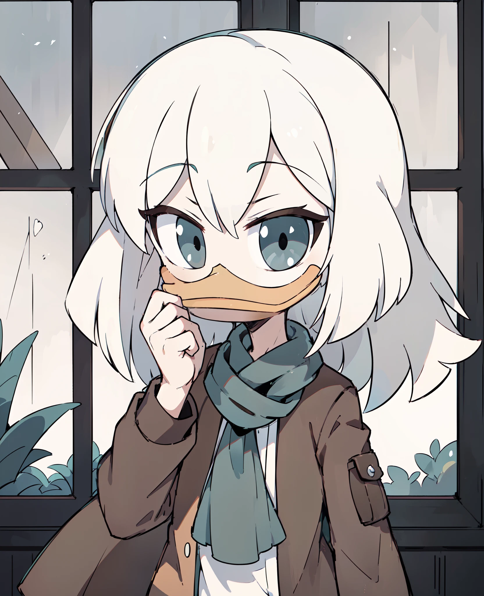 (by ducktales) (by kyurisawa:1.2) (by chelodoy:1) (by ashraely:1) (anthro duck) (white hands:1.1) (headshot portrait:1.1) (della duck:1.2) (beak) (white hair) (black eyes) (happy) (clothed, clothing:1.3) (teal scarf) (brown_flight_jacket) (collar) (white skin:1.2) (solo:1.1) (mansion, window) ( morning:1.3)