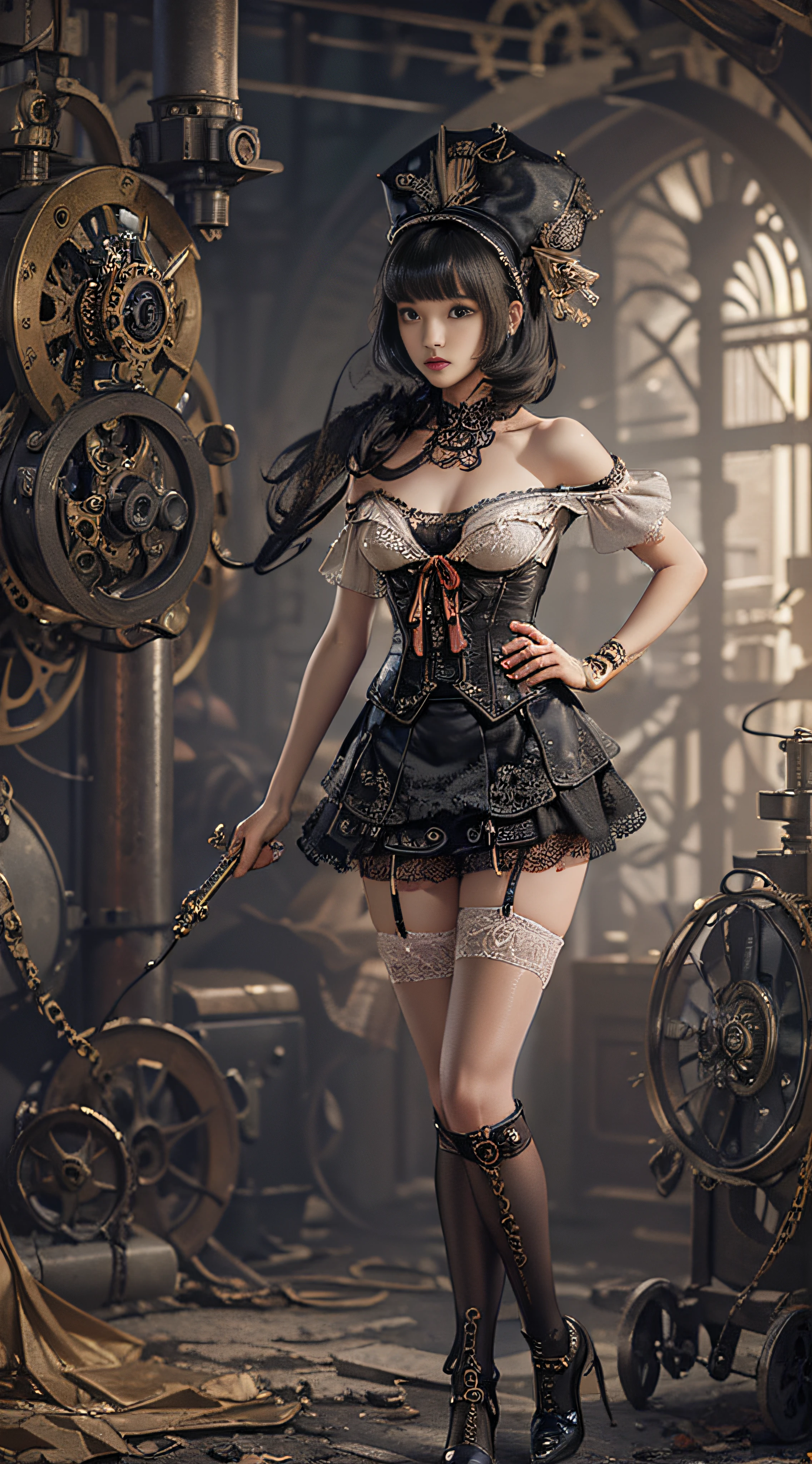 (((Masterpiece, top quality, super detailed))), One female, (((Very Slender body))), (((Long, thin legs))), (((short black bob, thick puffy bangs))), (((very detailed face))), cosmetics-free, small thin nose, small thin-lipped mouth, (((very sharp focused eyes))), big eyes, shimmering eyes, long eyelashes, ((Overly decorative fashion, Very decorative intricate mechanical steampunk fashion, Lace Flared mini skirt, Lace stockings above the knee, Lace Off-shoulder lolita fashion)), The night an abandoned, intricately mechanized steampunk factory burns and explodes, (((overall accuracy has improved dramatically, creating a super detailed and realistic image))),  Super realistic photo.