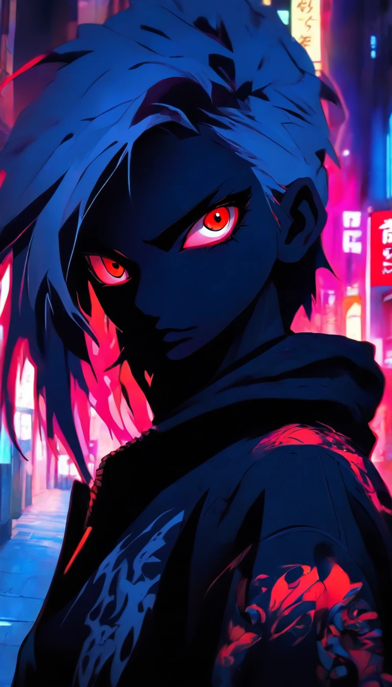 Woman in black hoodie, red eyes, high quality, black light, in the city, on the street, street style, tattoos on the body, white hair