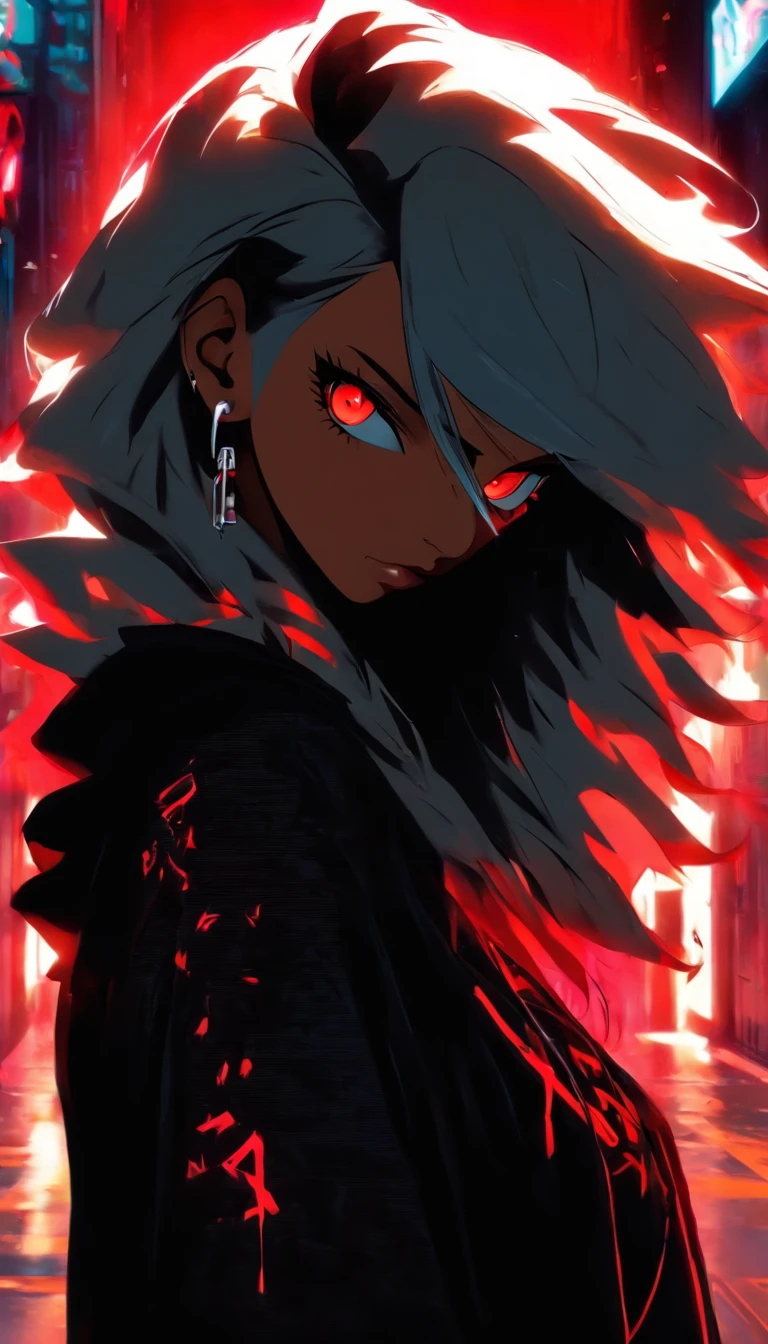Woman in black hoodie, red eyes, high quality, black light, in the city, on the street, street style, tattoos on the body, white hair