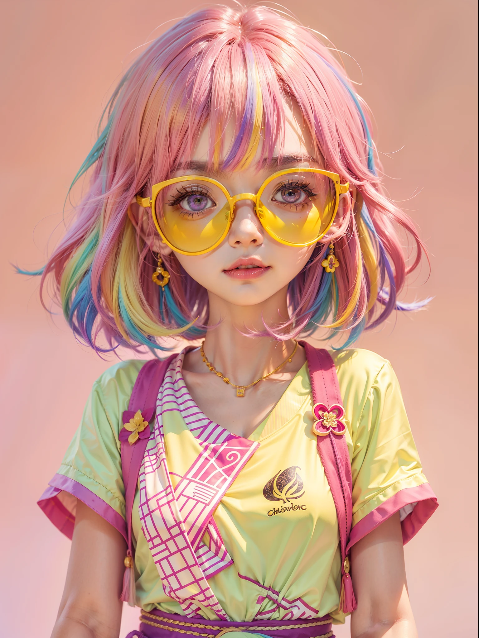 yae miko wearing trendy yellow sunglasses, yellow background, pink hair, purple eyes, rainbow world
