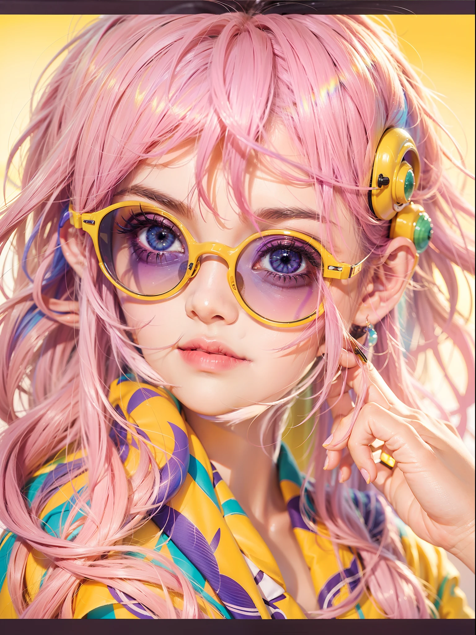 yae miko wearing trendy yellow sunglasses, yellow background, pink hair, purple eyes, rainbow world
