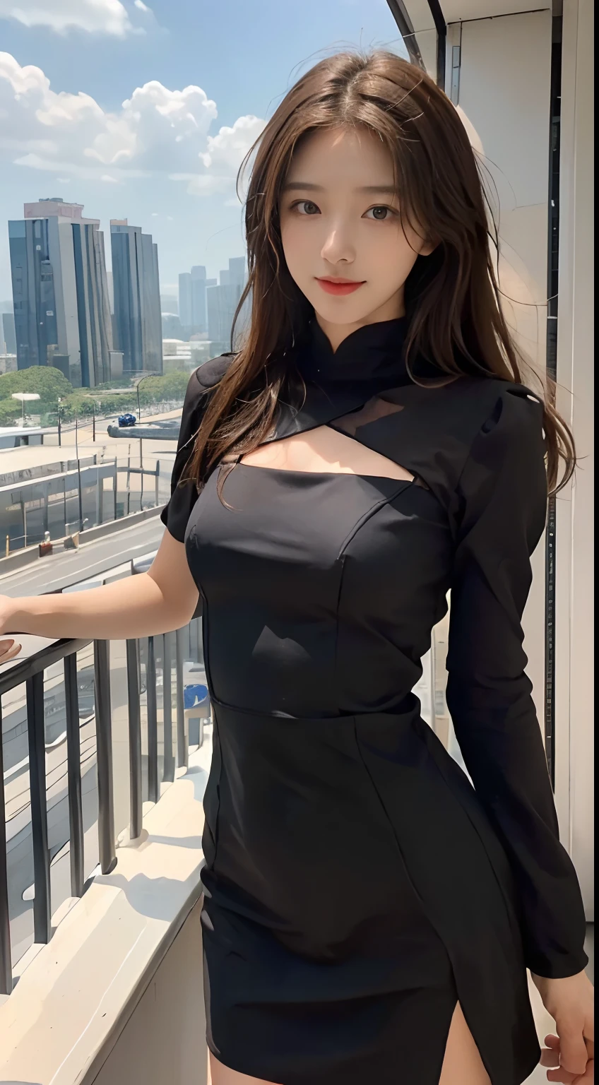 ((Best picture quality, 8K, tmasterpiece: 1.3)), self-shot, Sharp focus: 1.2, A cute beauty with a perfect figure: 1.4, Slim big breasts, ((Brown hair black)) , (Small flesh-colored dress,Highly detailed face,Happy expression,standing on your feet:1.2),((A city with blue skies and white clouds,At the cafe:1.3. Produced with a major focus on women)),Highly detailed facial and skin texture,Detailed eyes,二重まぶた