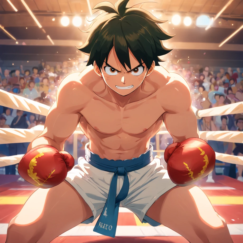 Macaco D. Luffy luta Boxe, dingy gym, macho, straw hat, Serious expression, one piece.