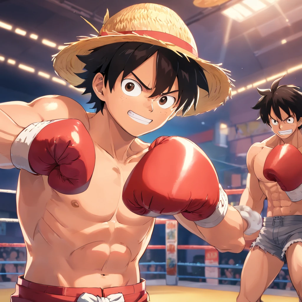 Macaco D. Luffy luta Boxe, dingy gym, macho, straw hat, Serious expression, one piece.