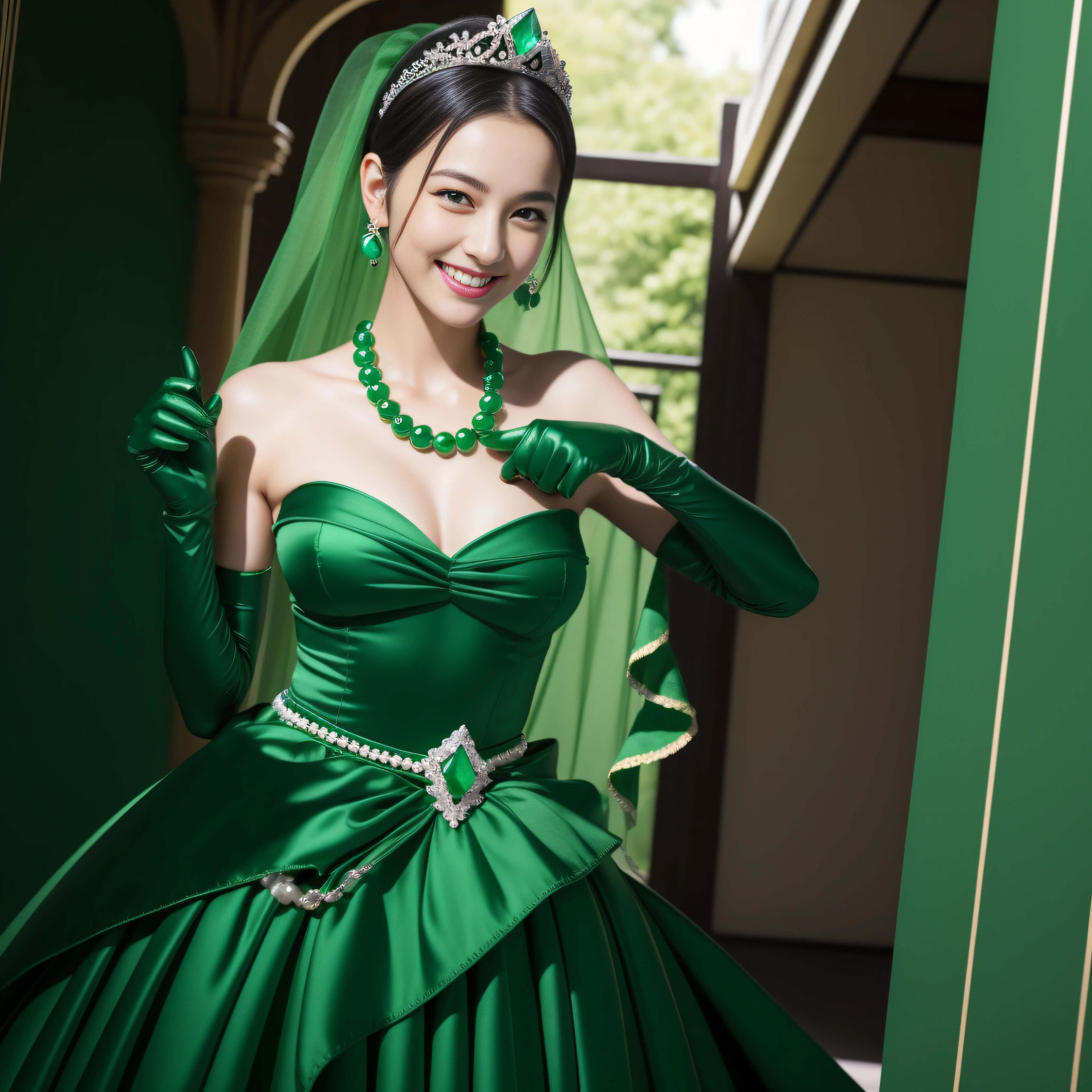 "(Best Quality,Realistic),Japan woman with beautiful smile,emerald tiara,Green Pearl Necklace,Boyish extremely short black hair,lip stick,Green eyes,Long Green Satin Gloves,short short hair, Green eyes, Emerald Earrings