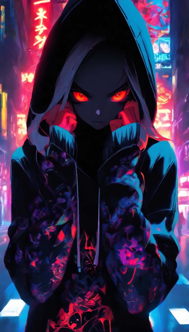 Woman in black hoodie, red eyes, high quality, black light, in the city, on the street, street style, tattoos on the body, white hair