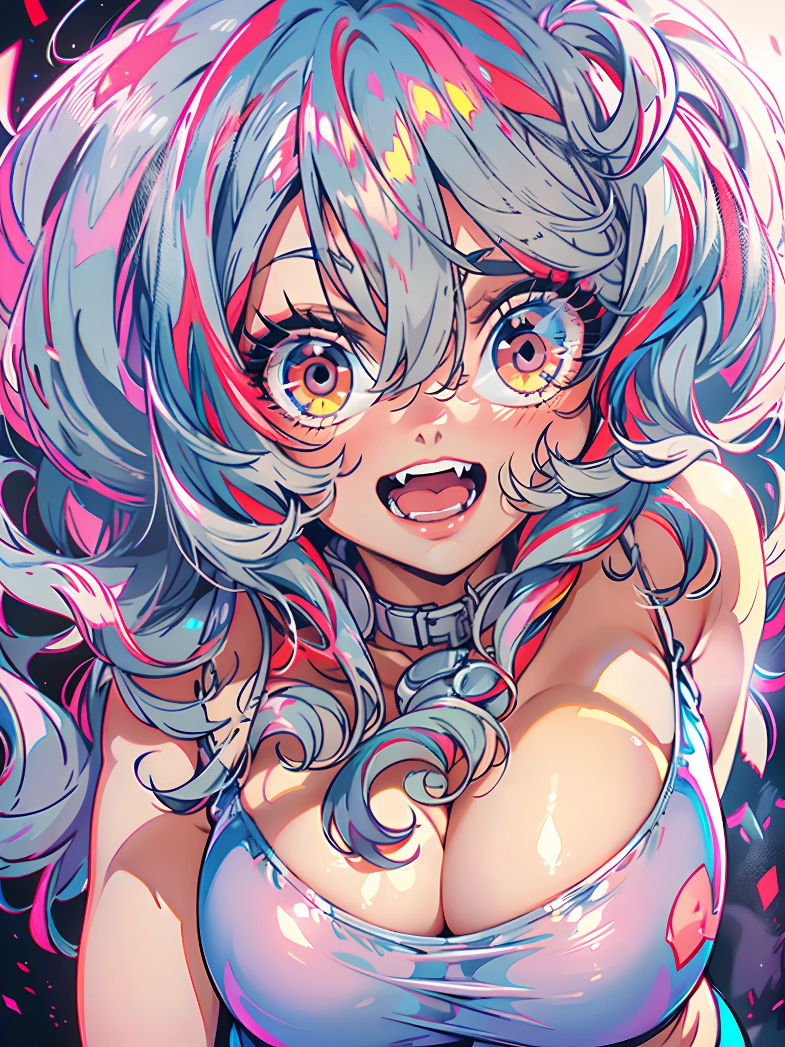(Boobs), bouncy boobs, (cleavage viewing :1.2), Masterpiece, curvy, (masterpiece:1.2), best quality, high resolution, unity 8k wallpaper, gigantic boobs, erected tits, cameltoe juicy,(best quality), (Acid core, 1girl, (colored latex skin)++, neon gradient, thick eyelashes, close-up, (crazy eyes)++, crazy smile, multicolored hair, open mouth, one eye closed