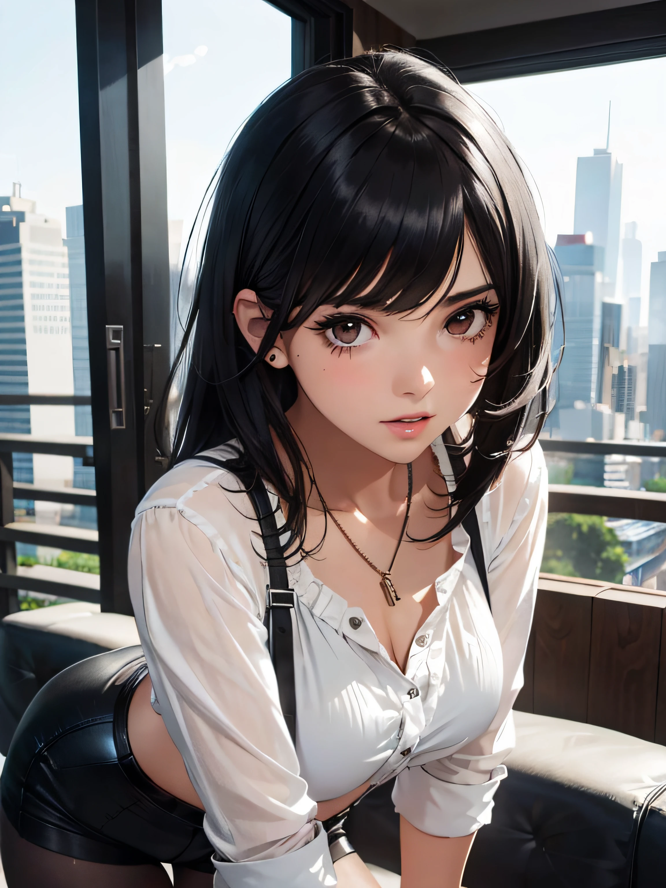 a girl in a low-cut blouse, medium breasts, shorts, pantyhose, flirty look, very well detailed, cityscape or academy, black hair, ((very detailed)), (perfectly detailed face), photorealistic image.