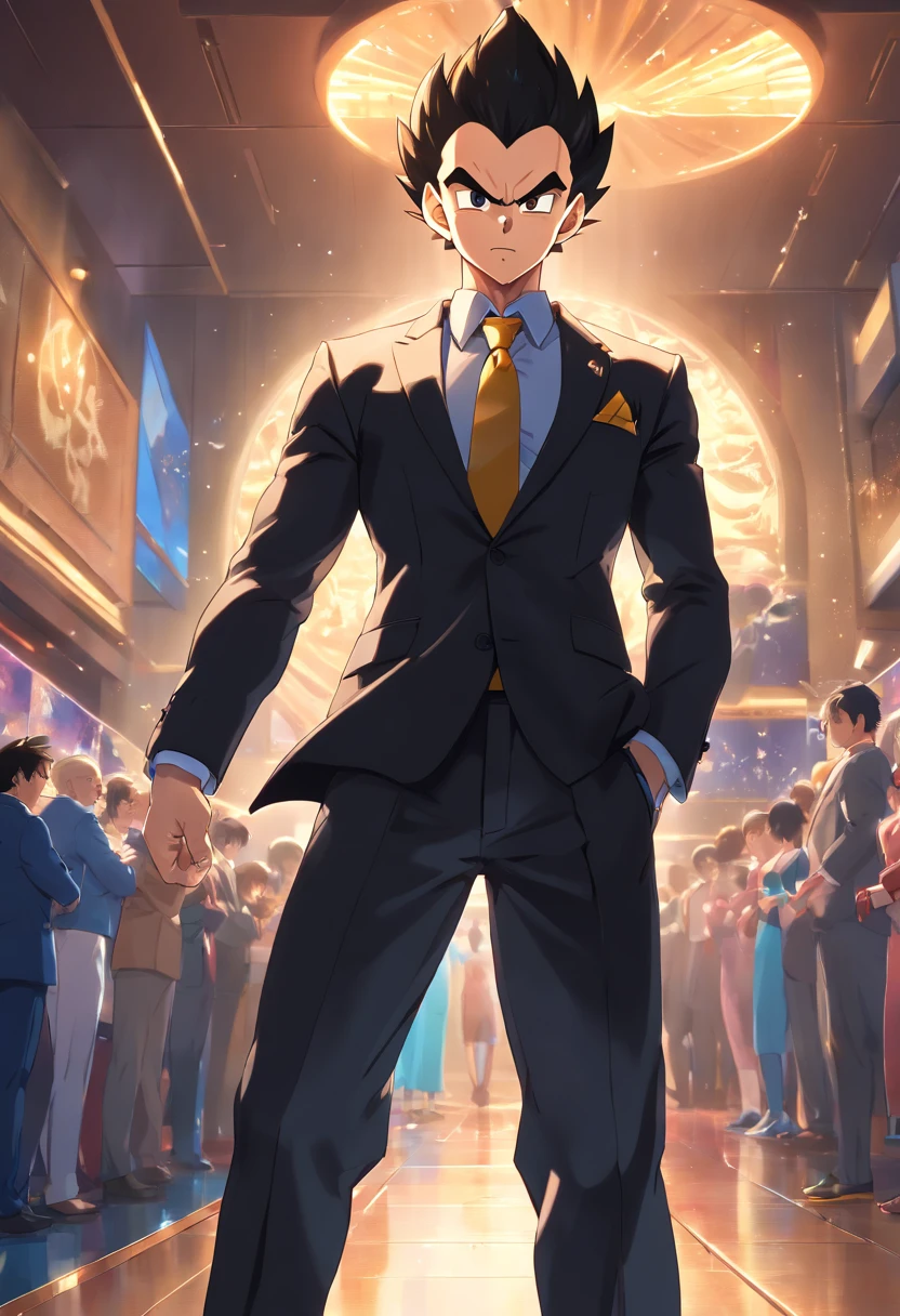 (best quality,4k,highres:1.2),ultra-detailed,(realistic:1.37)
vegeta in a black suit,strong,macho,dragon ball z,party hall,portraits,anime,sharp focus,vivid colors,studio lighting,dark ambience
