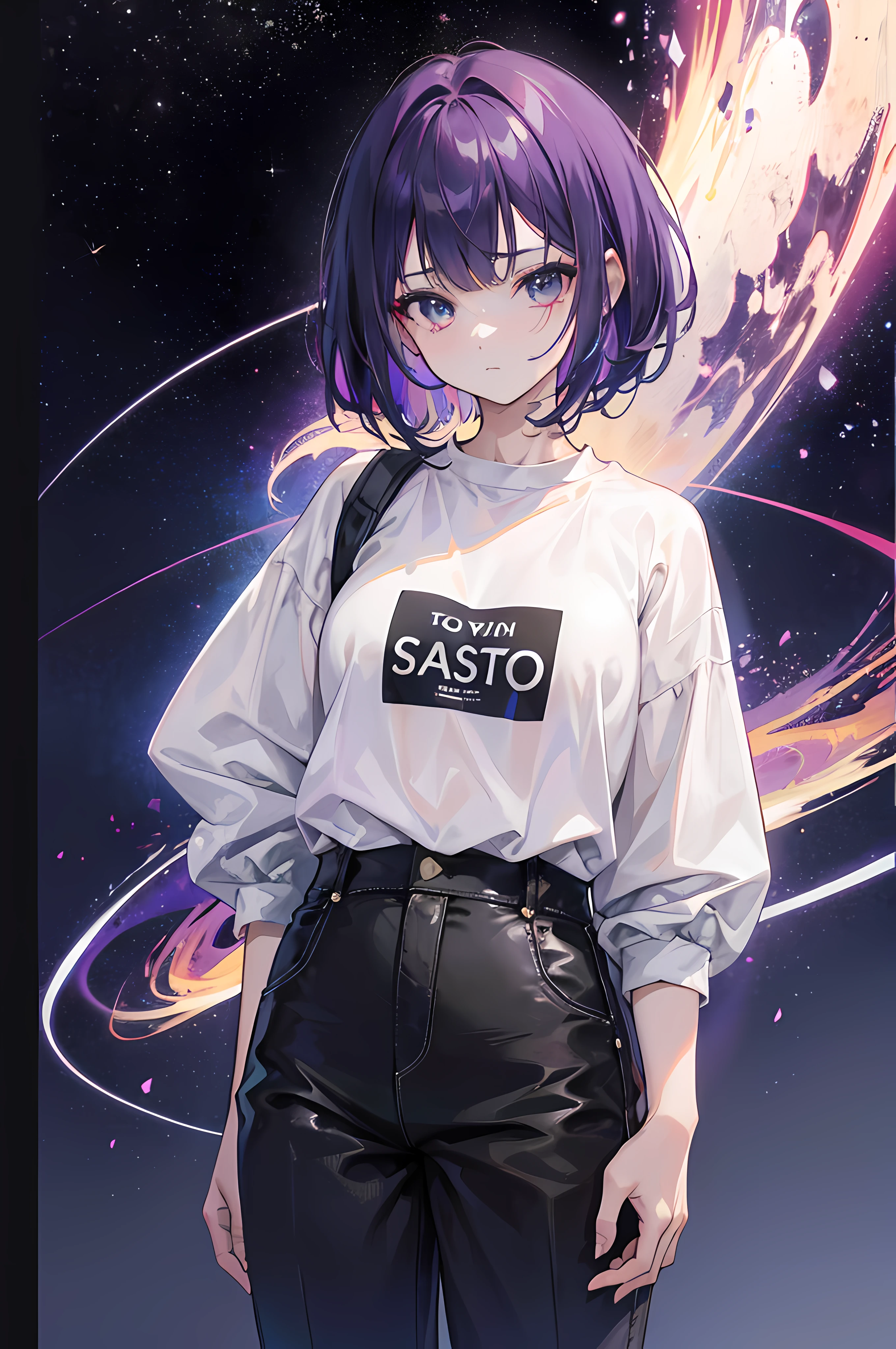 1girl, Pelo violeta corto galactico, ojos violeta y galacticos, con camisa negra lisa, pantalones muy cortos de mezclilla color negro, espacio, high resolusion, ultrasharp, 8k, Obra maestra, Mirando al espectador, enfoque a la cara