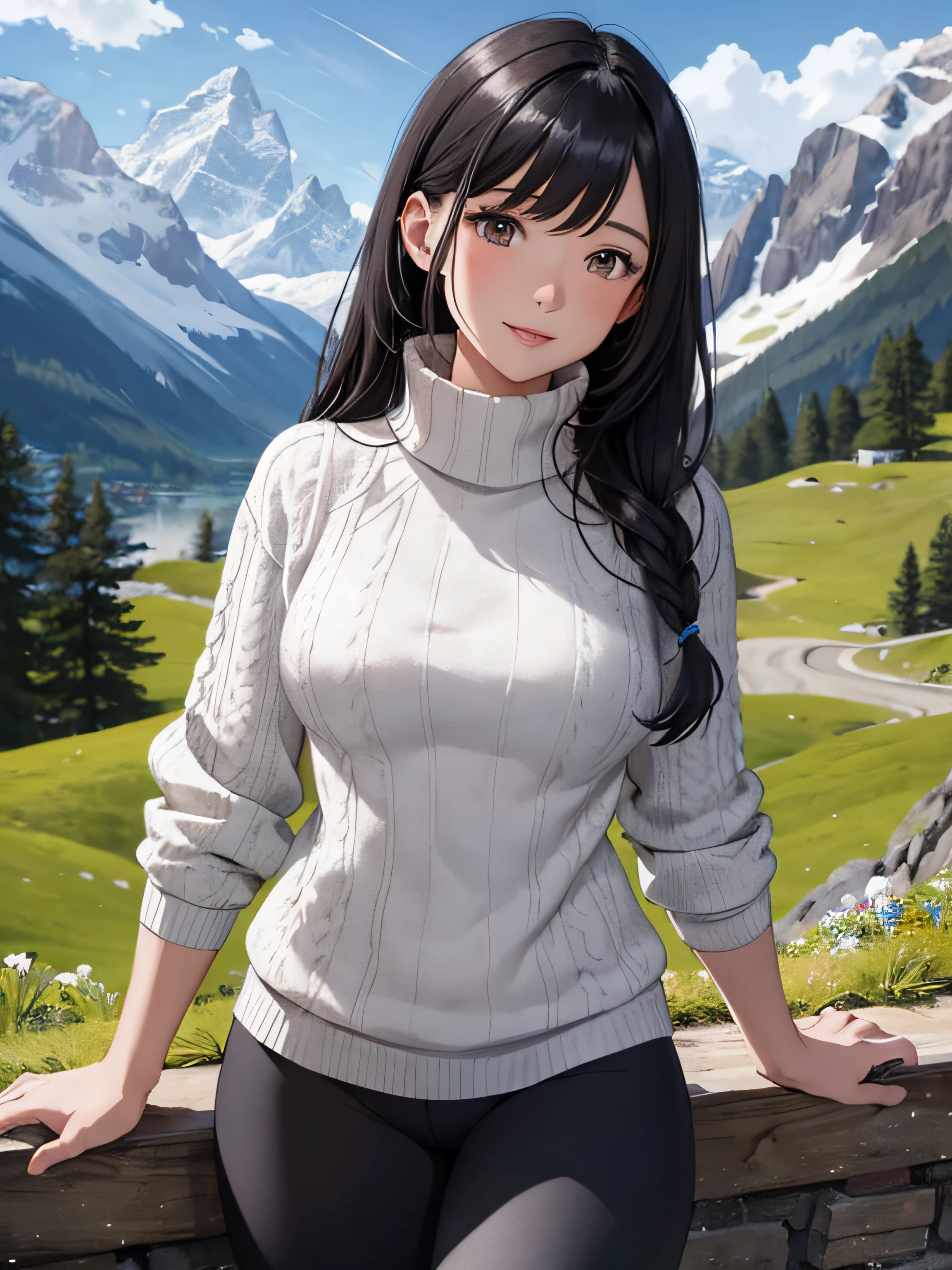 a girl in the alps with mountain clothes, sweater, leggings, medium breasts, flirtatious look, very well detailed, academy landscape, long black hair, photorealistic image.