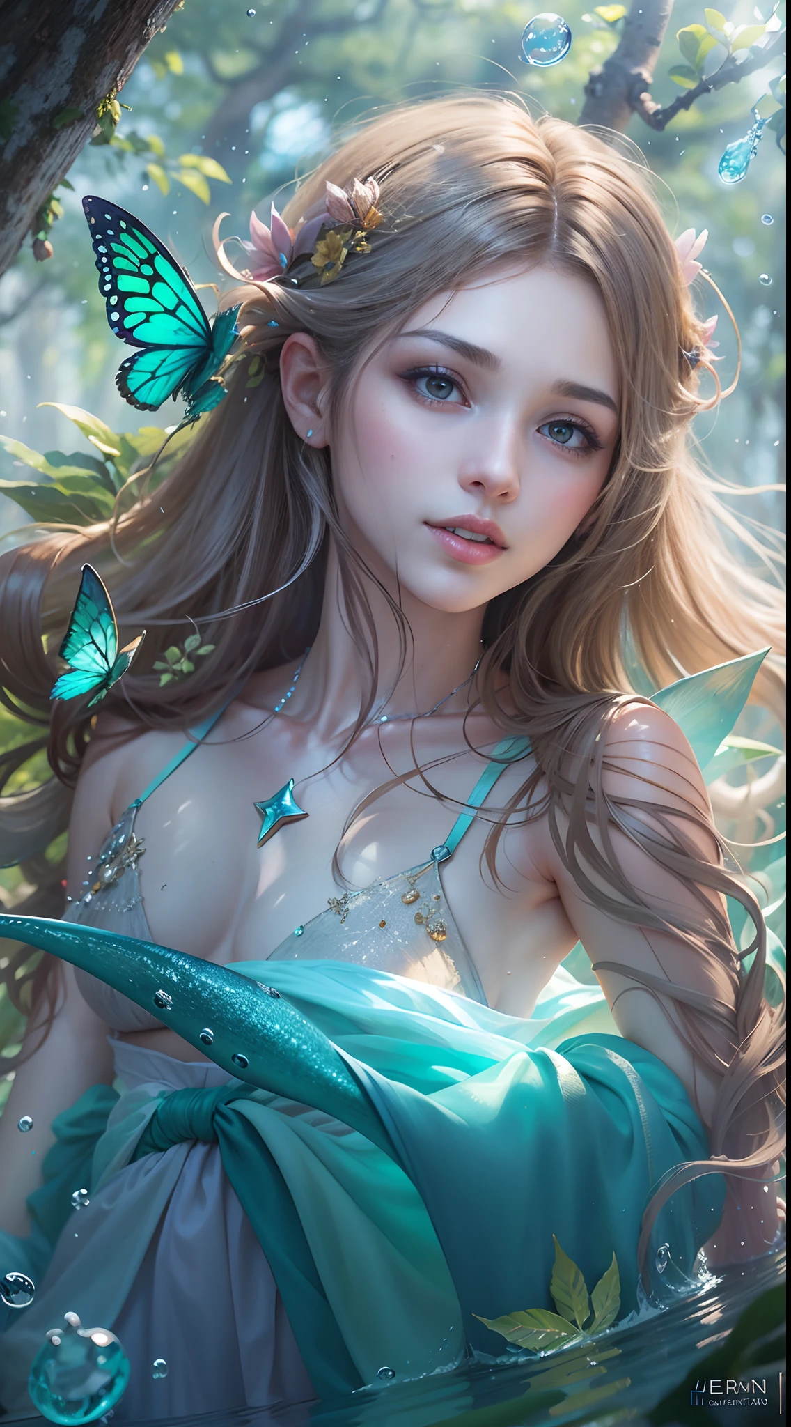 (obra maestra) , (La mejor calidad) , (Realidad: 1.3) , fotorrealista, Renderizado de octanaje, (surrealista: 1.2) , Perfect features,
Bathed in water to reveal a translucent dress, The characteristics of a fairy..., A translucent body, translucent hair, El elemento agua, El elemento que emerge alrededor, El efecto azul claro, en el bosque, La apariencia perfecta, His face flushed,( your hands behind your head and outside your armpits1.4),senos grandes, (hembra madura), Seelie \(Impacto de Genshin\), Una vez, hada \(girls' frontline\), (Alas de hadas),
Texto original en, fondo de pantalla extremadamente detallado, ilustraciones muy detalladas, (1 girl) ,(Better lighting) , (super-complex details) , 4K unificado, (super-detailed CG: 1.2) , (8k: 1.2)，